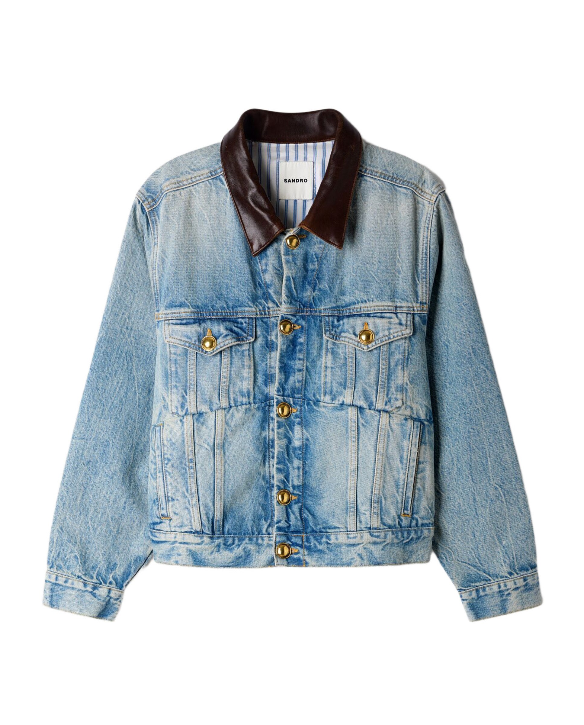 Cazadora de mujer 100% algodón vaquera ancha con cuello de piel - Sandro - Azul Azul-6
