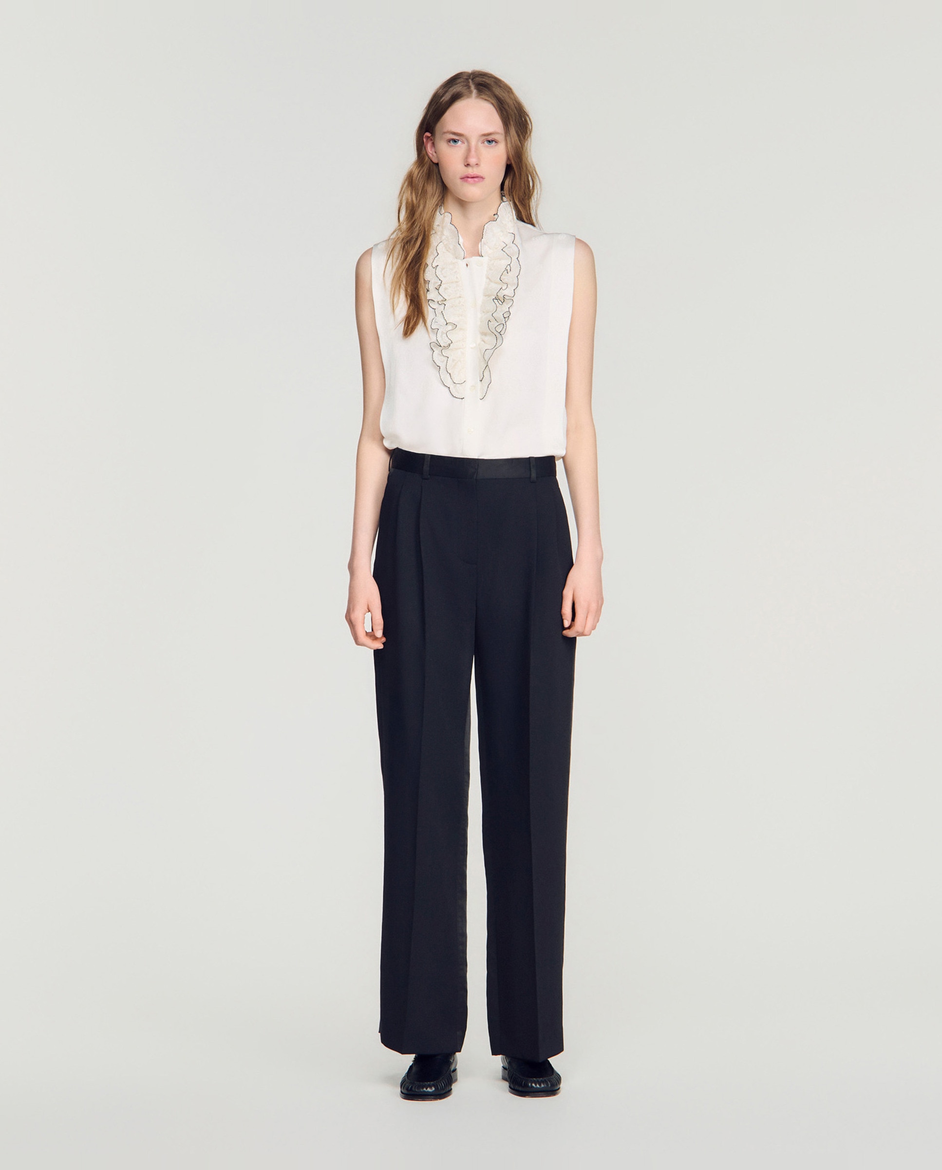 Pantalones de vestir anchos de mujer bimateria de lino satinados - Sandro - Negro Negro-1