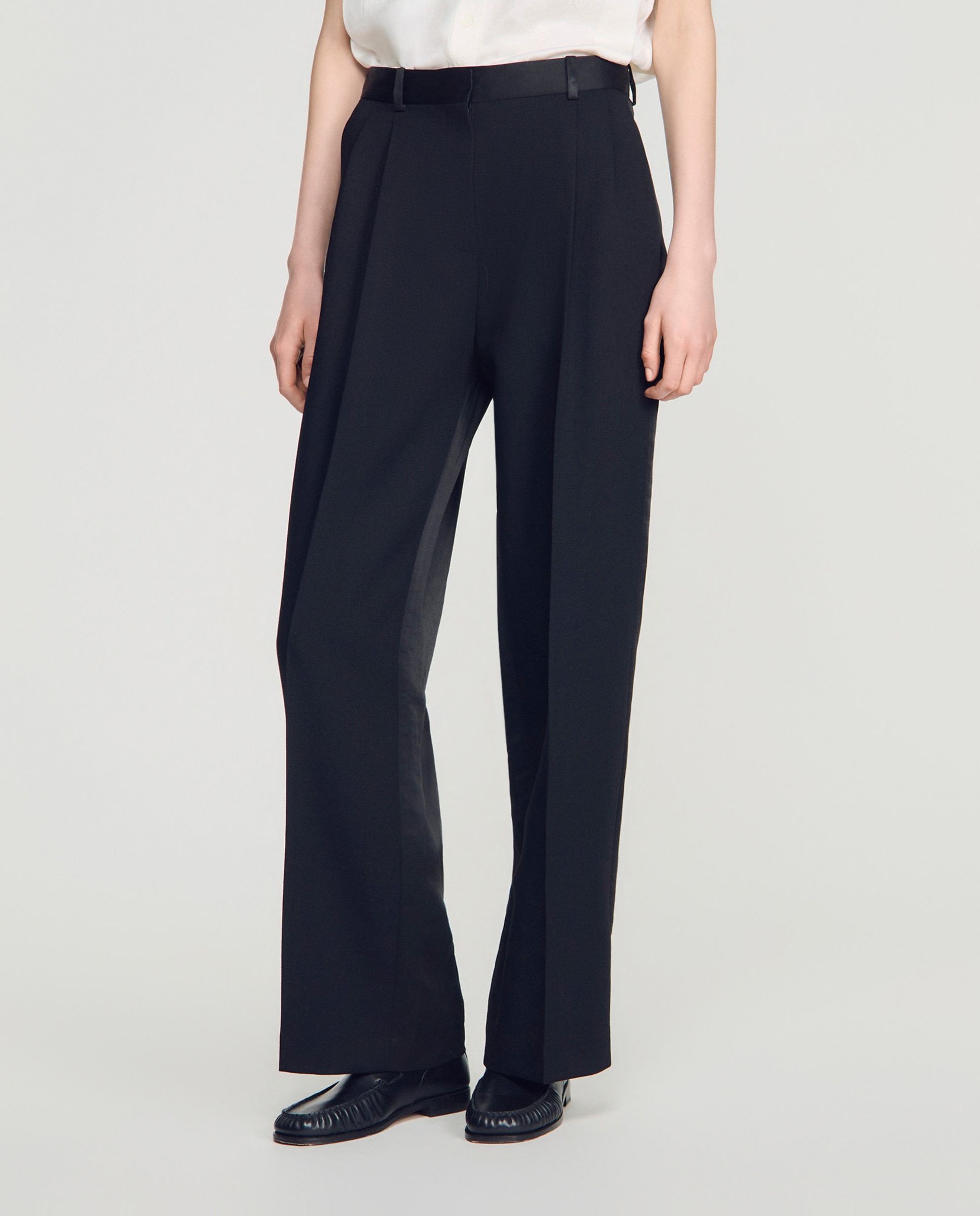 Pantalones de vestir anchos de mujer bimateria de lino satinados - Sandro - Negro Negro-2