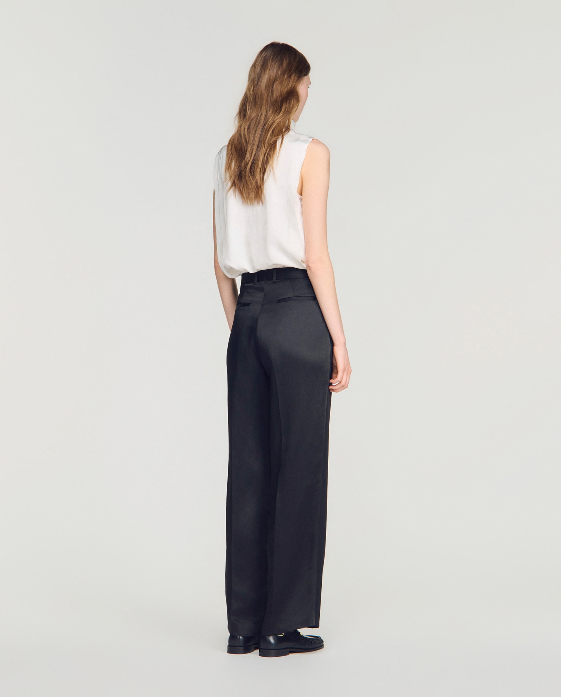 Pantalones de vestir anchos de mujer bimateria de lino satinados - Sandro - Negro Negro-3