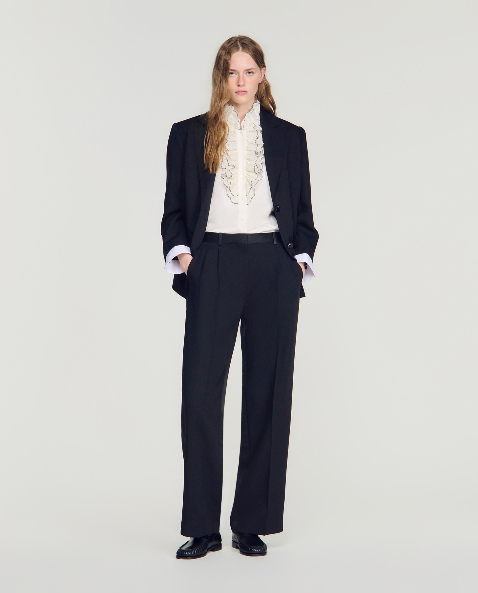 Pantalones de vestir anchos de mujer bimateria de lino satinados - Sandro - Negro Negro-4