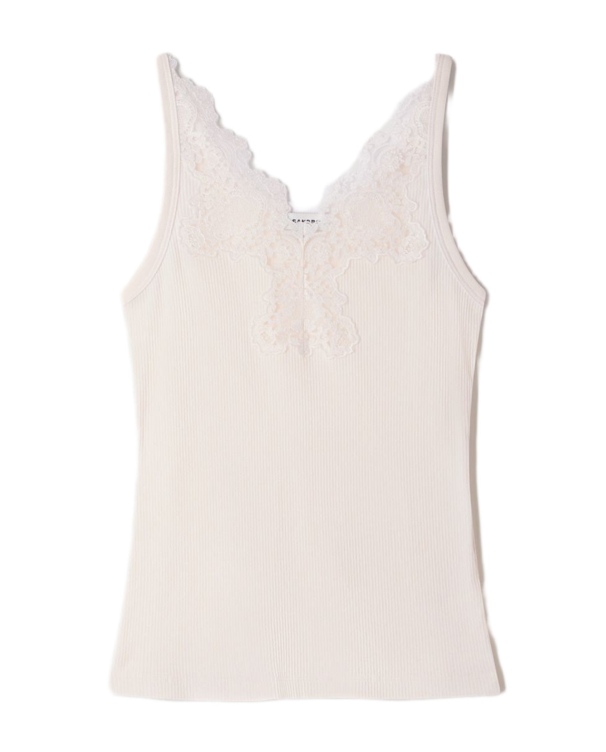 Top de mujer 100% algodón canalé ajustado con encaje y tirantes finos - Sandro - Blanco Blanco-6