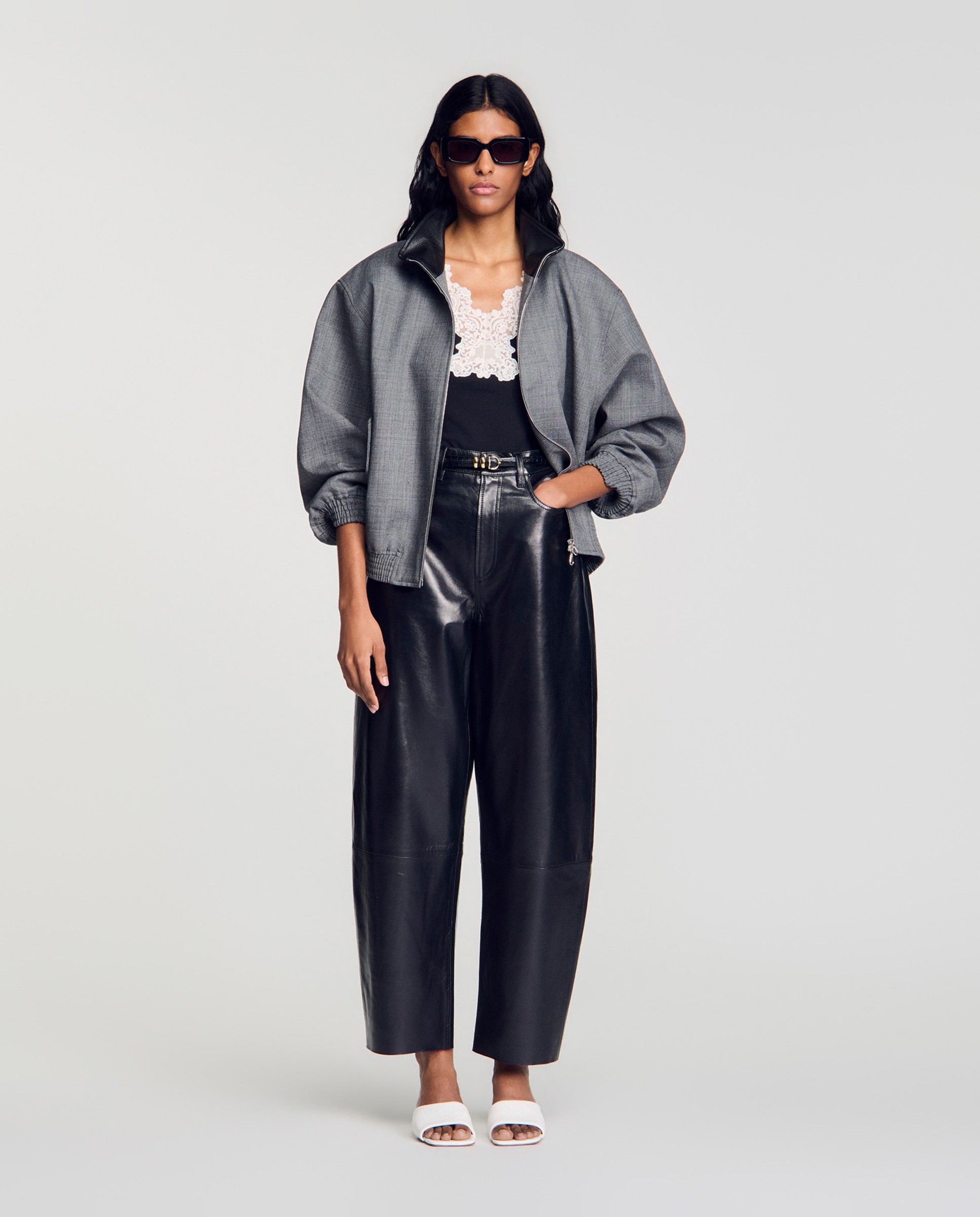 Top de mujer 100% algodón canalé ajustado con encaje y tirantes finos - Sandro - Negro Negro-6
