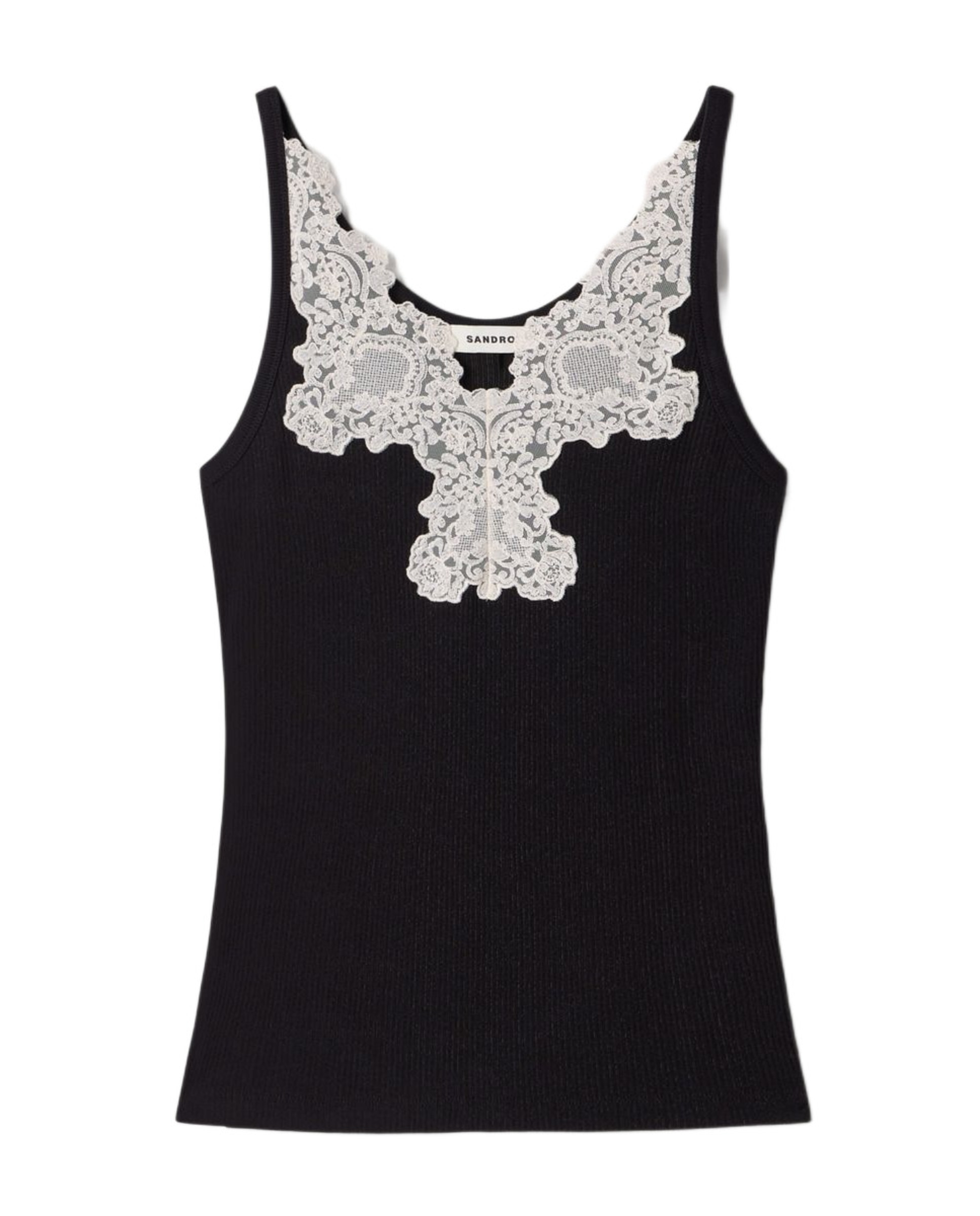 Top de mujer 100% algodón canalé ajustado con encaje y tirantes finos - Sandro - Negro Negro-7