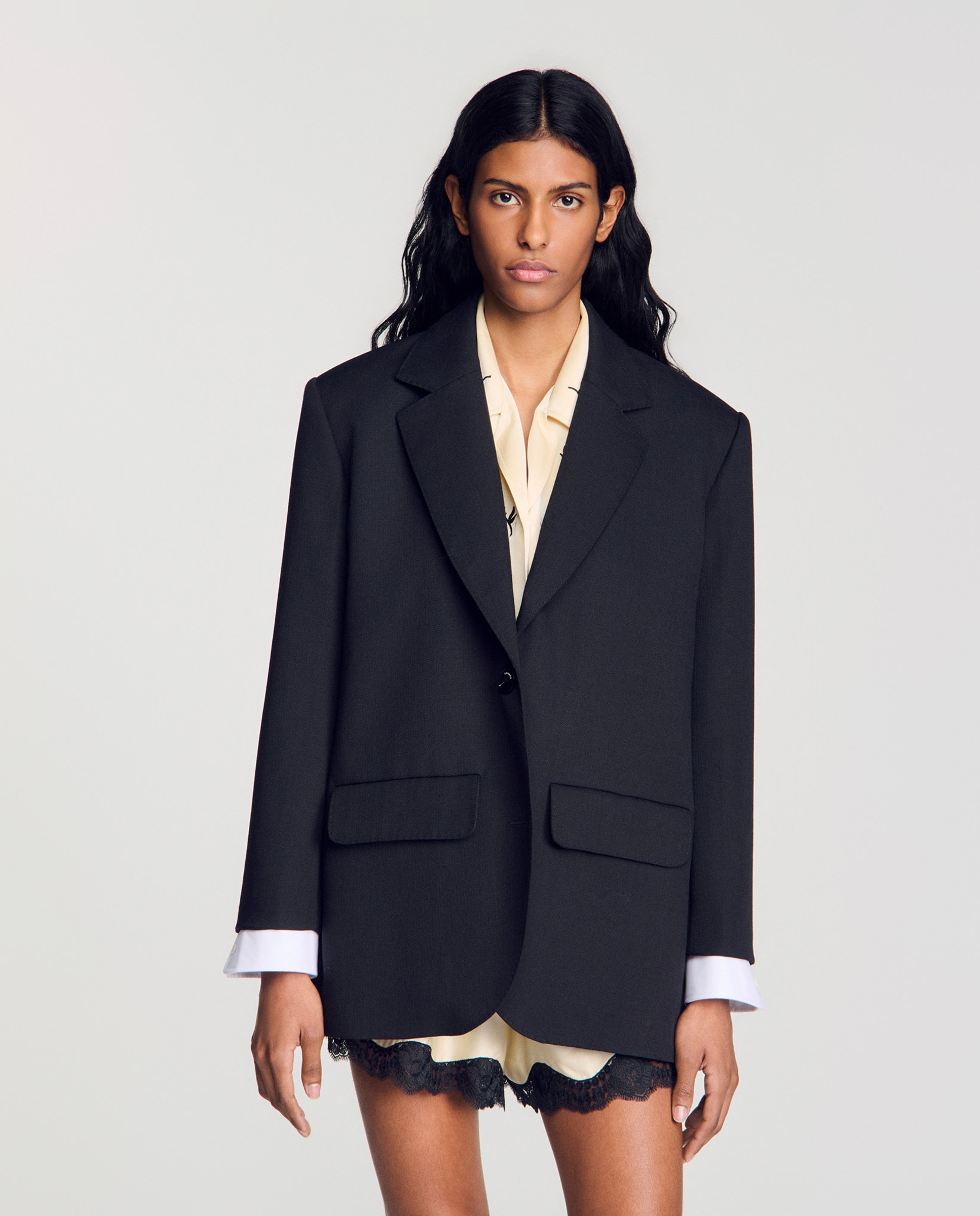 Blazer de mujer ancho bimaterial 100% lana - Sandro - Negro Negro-1