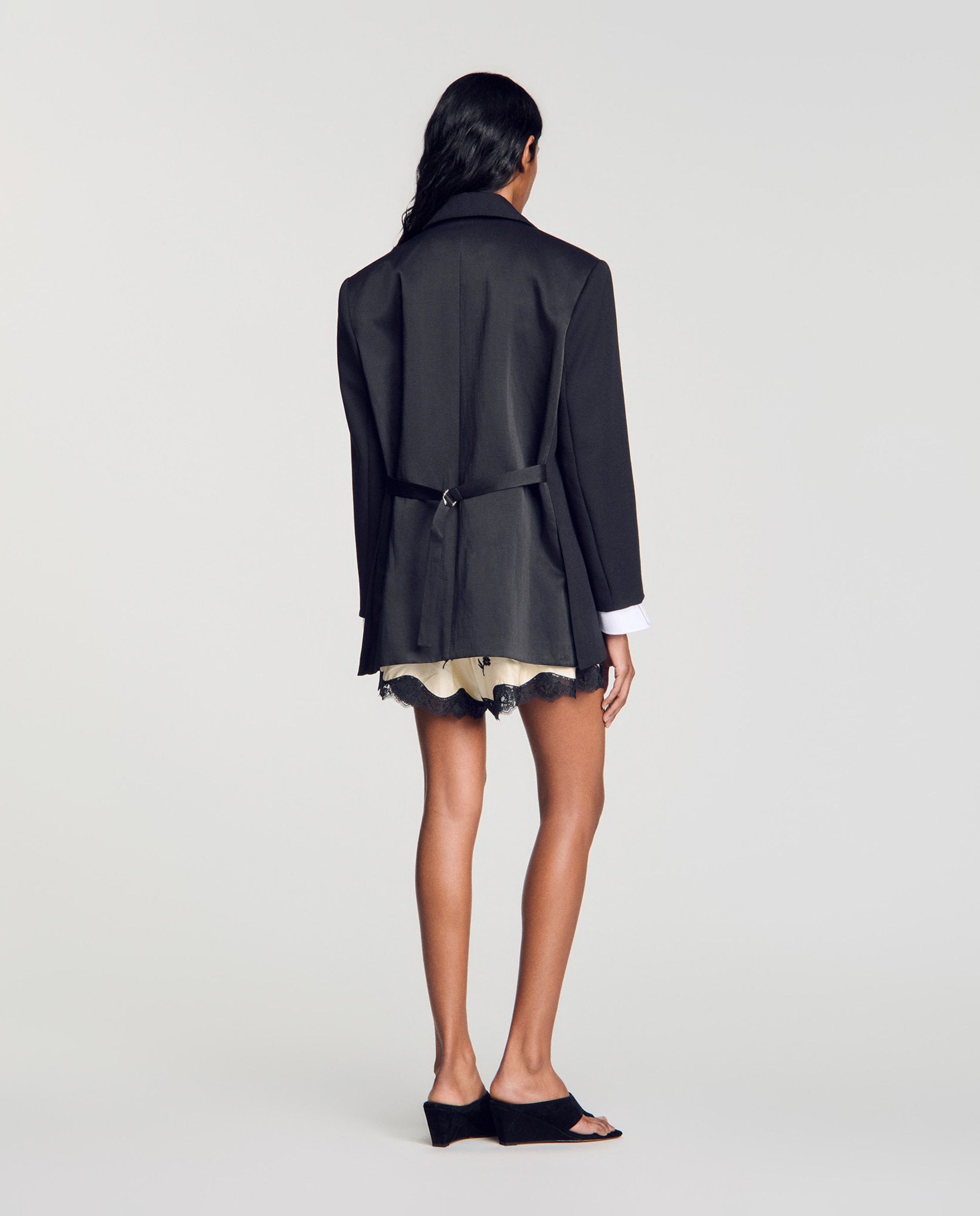 Blazer de mujer ancho bimaterial 100% lana - Sandro - Negro Negro-2