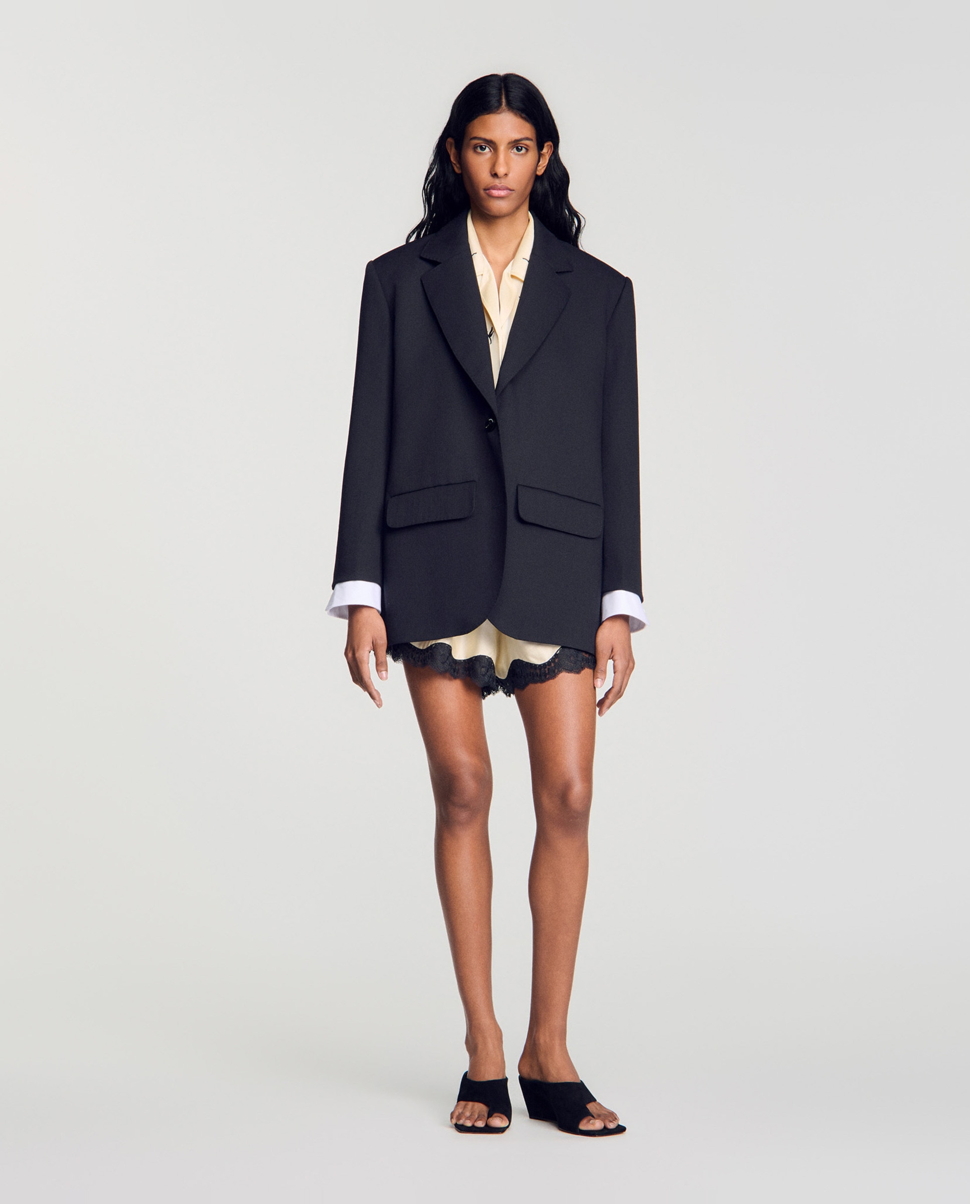 Blazer de mujer ancho bimaterial 100% lana - Sandro - Negro Negro-3