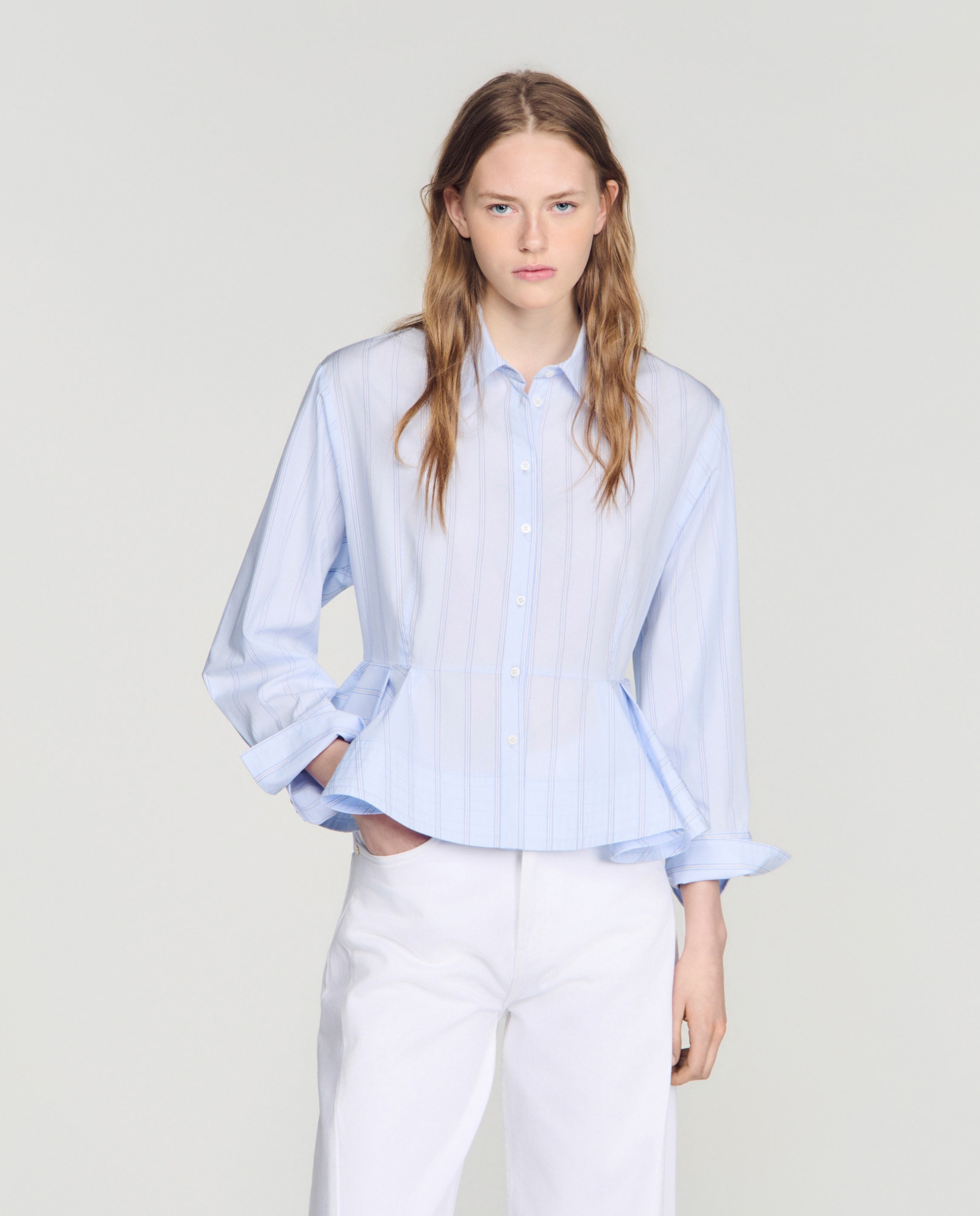 Camisa de mujer peplum a rayas entallada 100% algodón - Sandro - Azul claro Azul claro-1