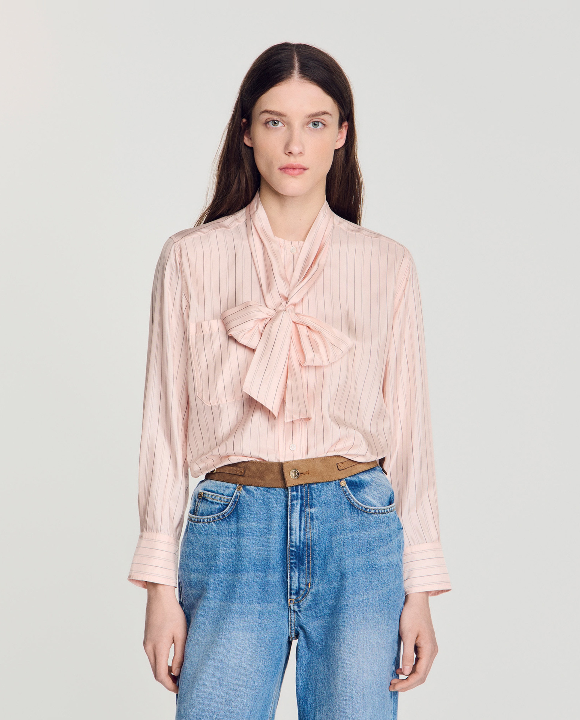 Camisa de mujer de rayas con lazada - Sandro - Rosa Rosa-1