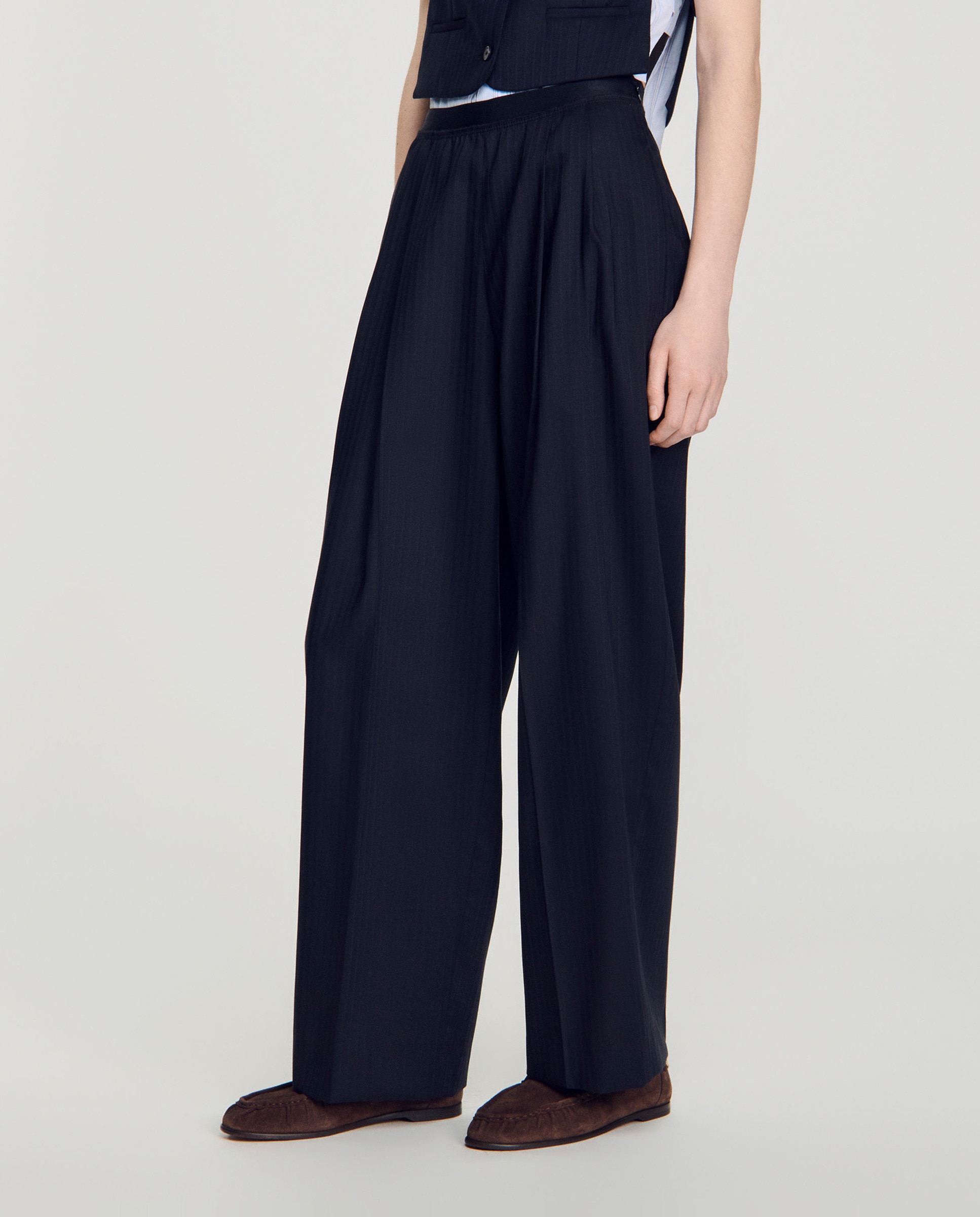 Pantalones anchos de mujer a rayas con lana - Sandro - Azul marino Azul marino-2