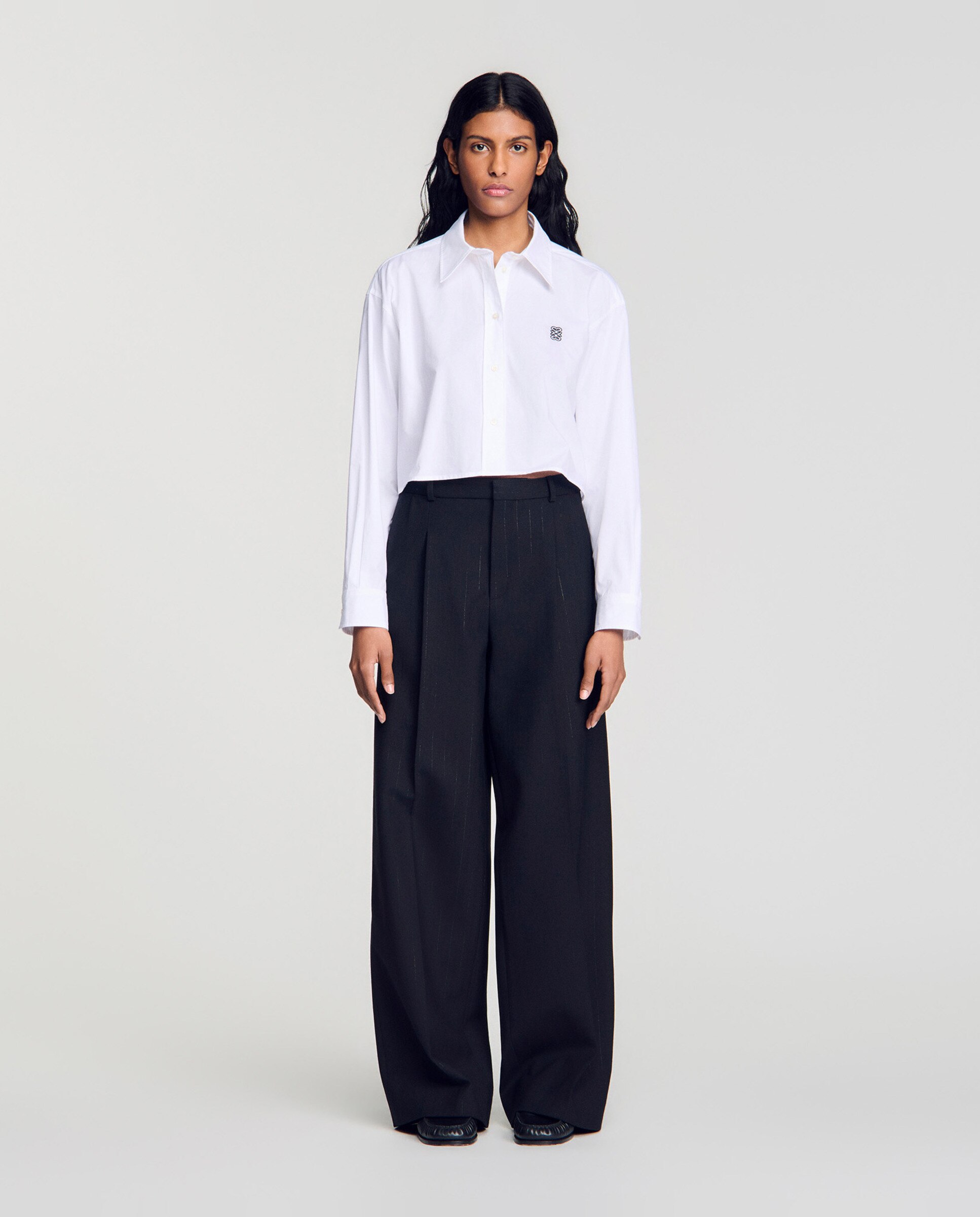 Pantalones anchos de mujer con rayas verticales y talle alto - Sandro - Negro Negro-1