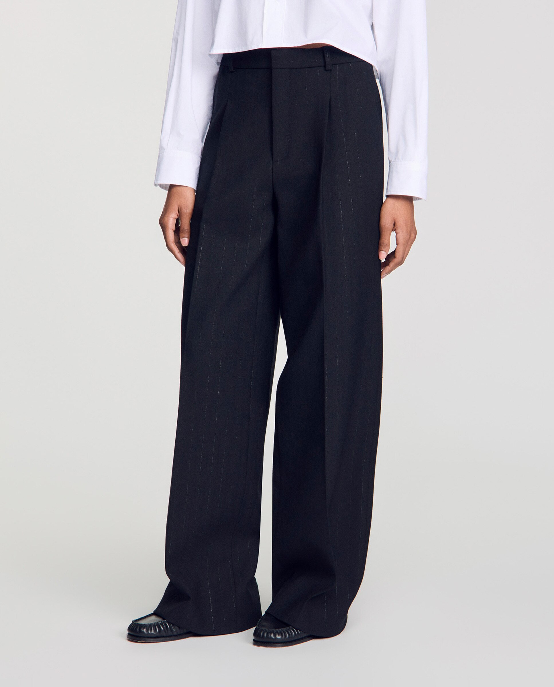 Pantalones anchos de mujer con rayas verticales y talle alto - Sandro - Negro Negro-2