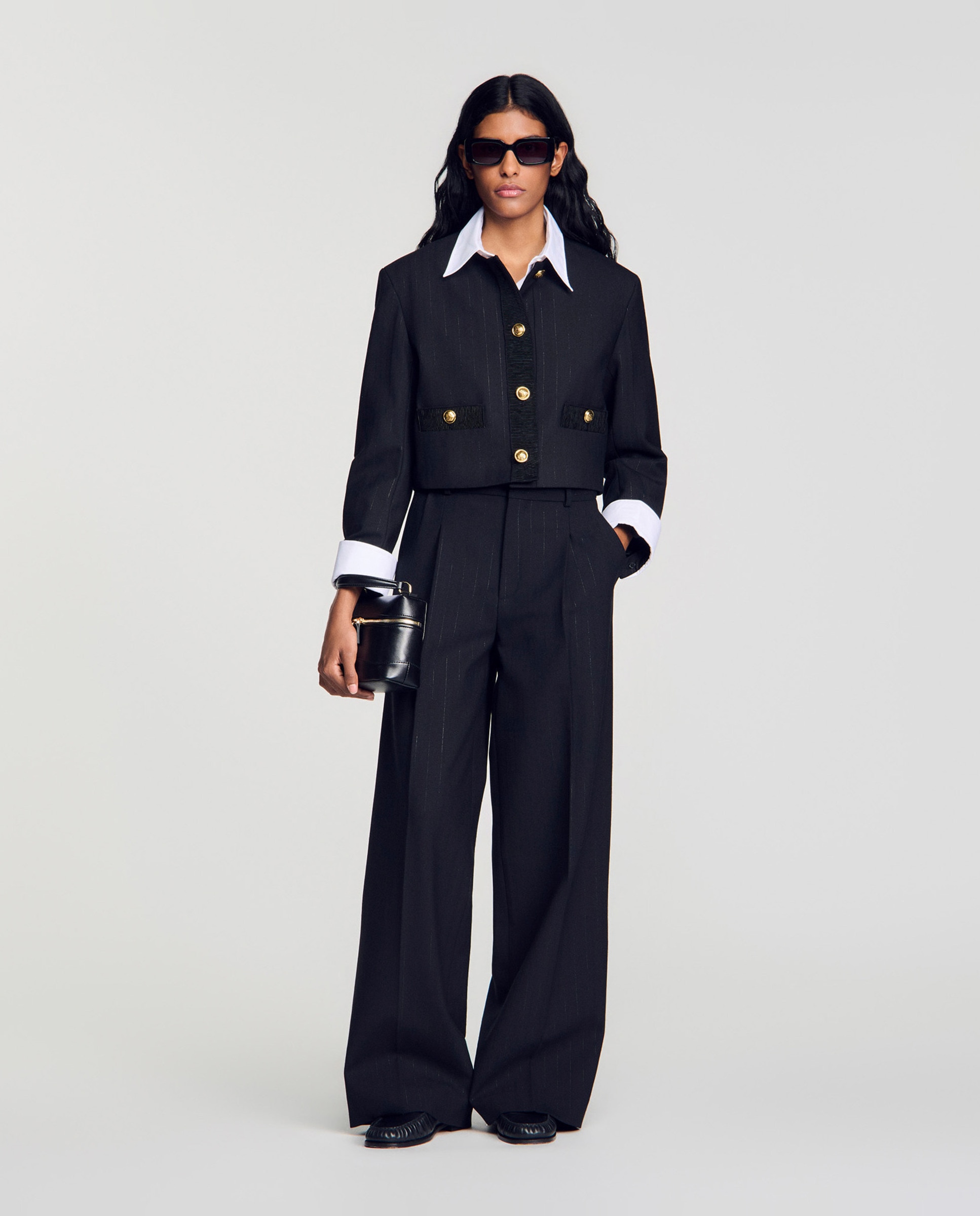 Pantalones anchos de mujer con rayas verticales y talle alto - Sandro - Negro Negro-5