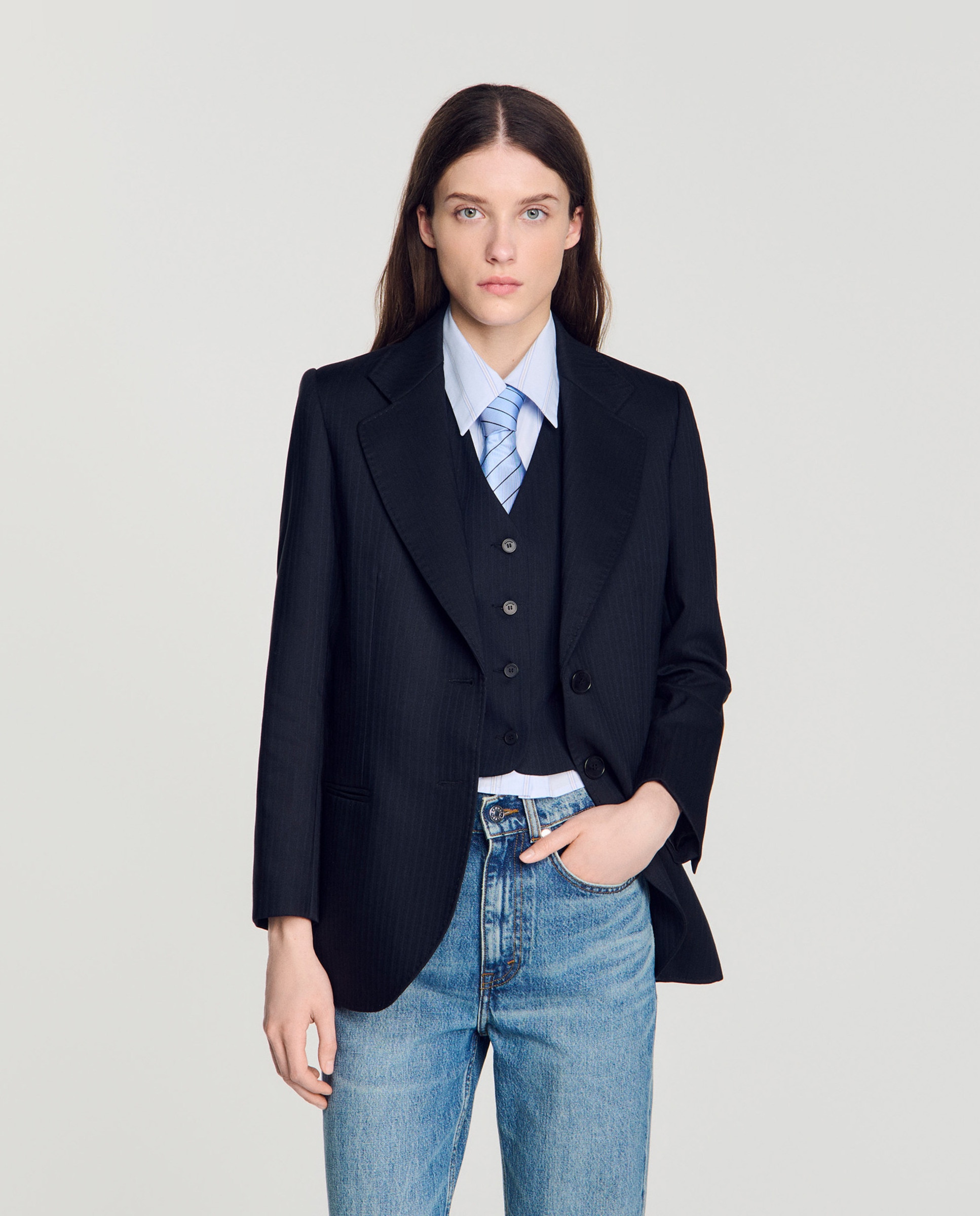 Blazer de mujer entallada a rayas con lana - Sandro - Azul marino Azul marino-1