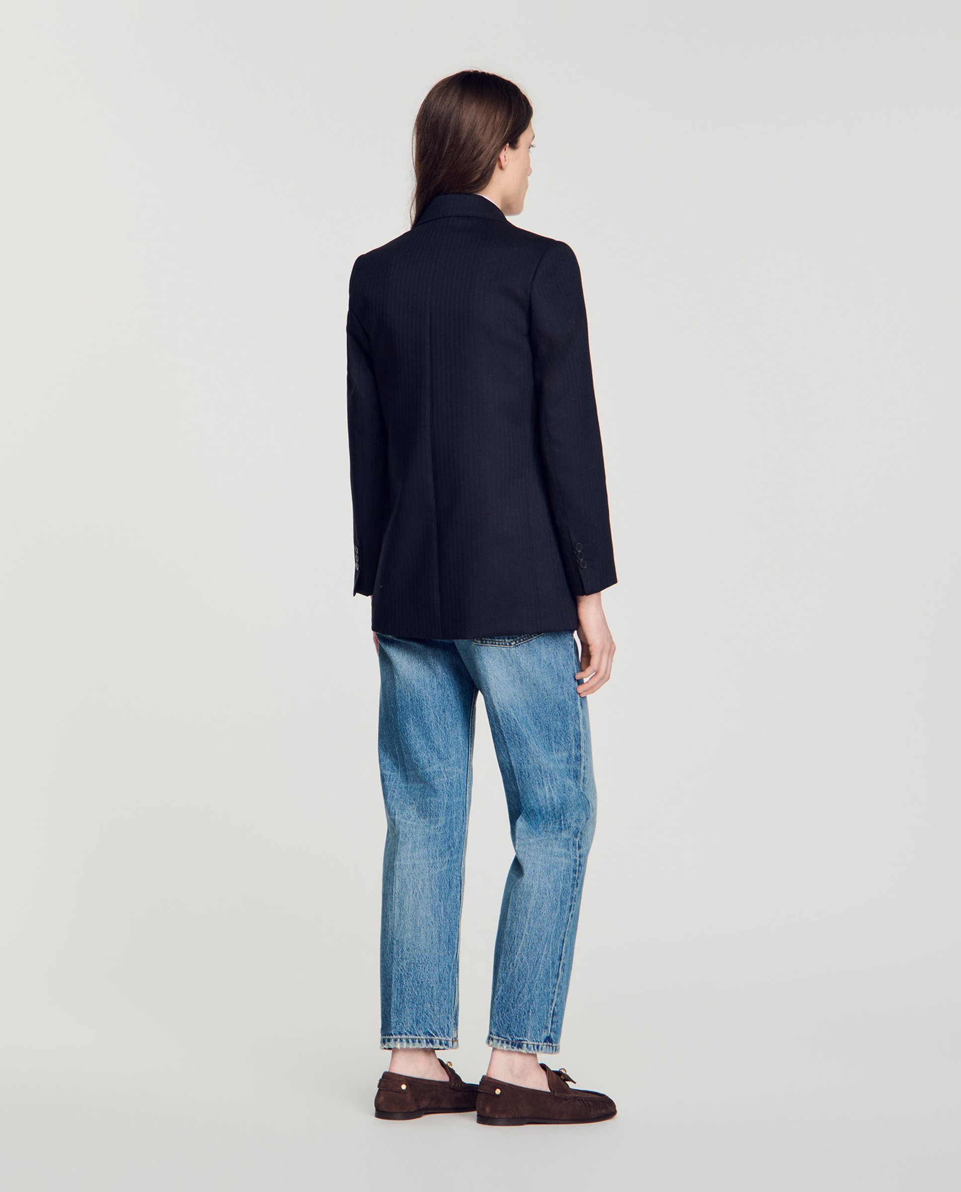 Blazer de mujer entallada a rayas con lana - Sandro - Azul marino Azul marino-2