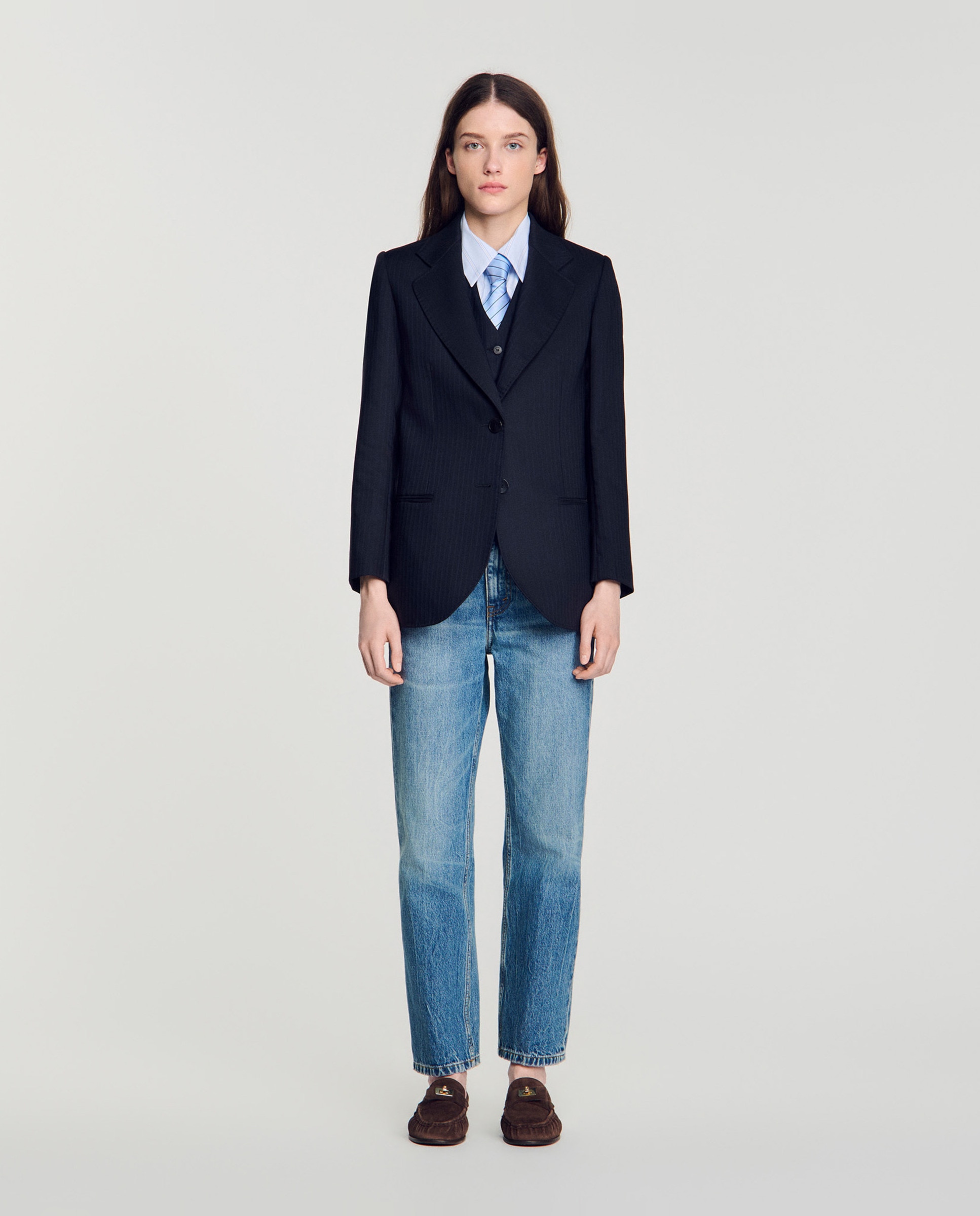 Blazer de mujer entallada a rayas con lana - Sandro - Azul marino Azul marino-3