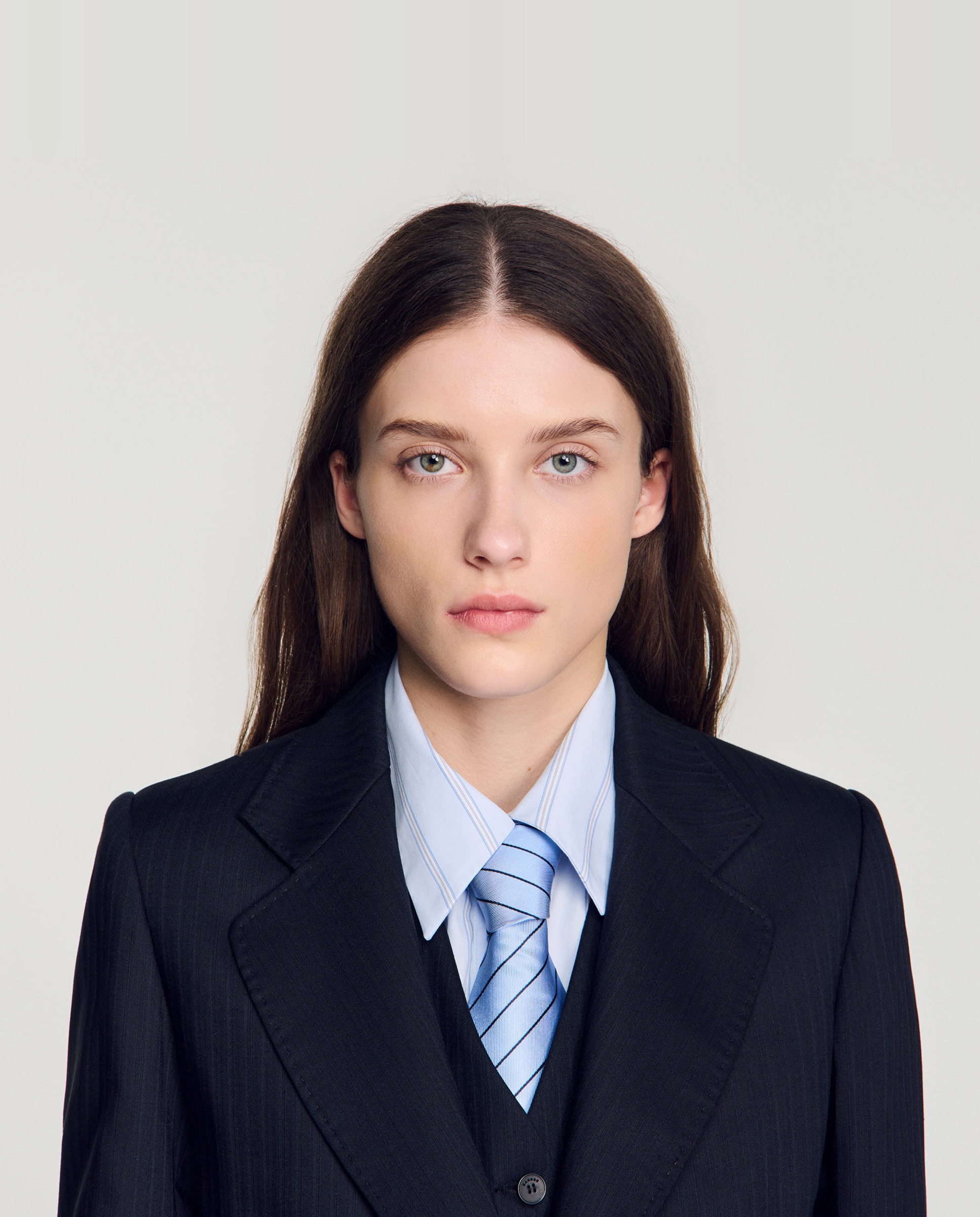 Blazer de mujer entallada a rayas con lana - Sandro - Azul marino Azul marino-4