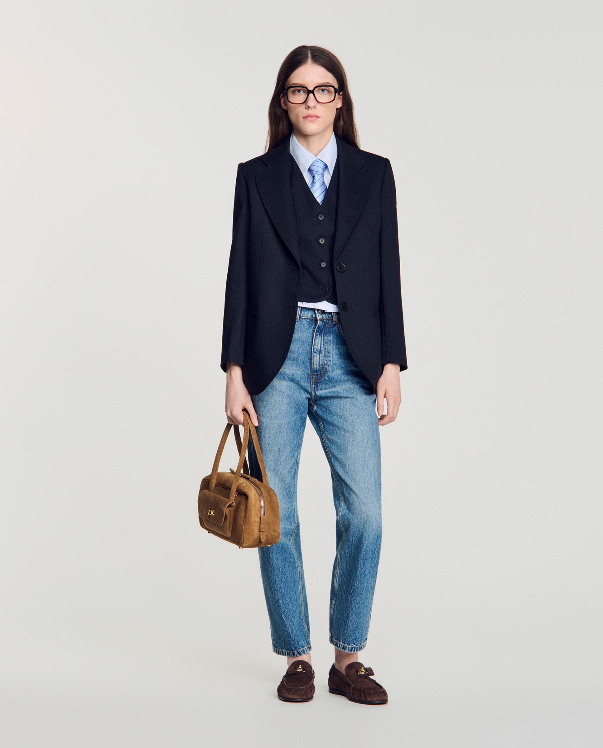 Blazer de mujer entallada a rayas con lana - Sandro - Azul marino Azul marino-5