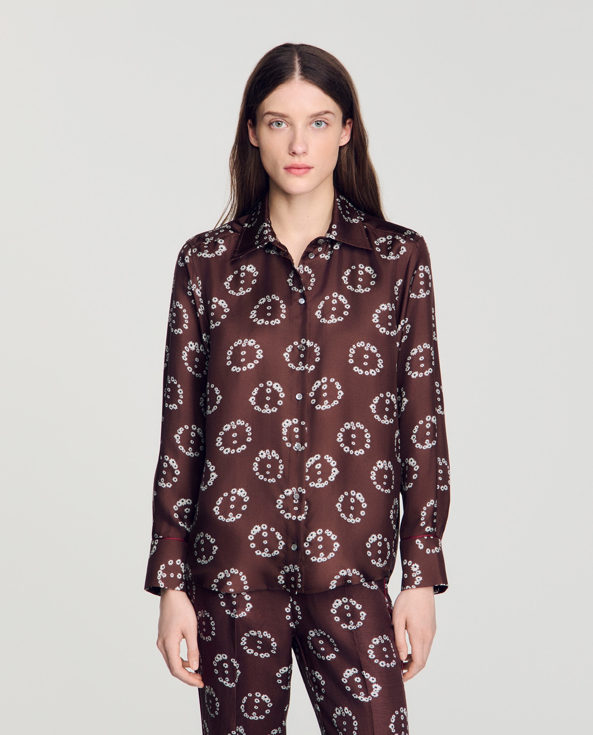 Camisa de mujer fluida 100% seda con estampado floral - Sandro - Marrón Marrón-1