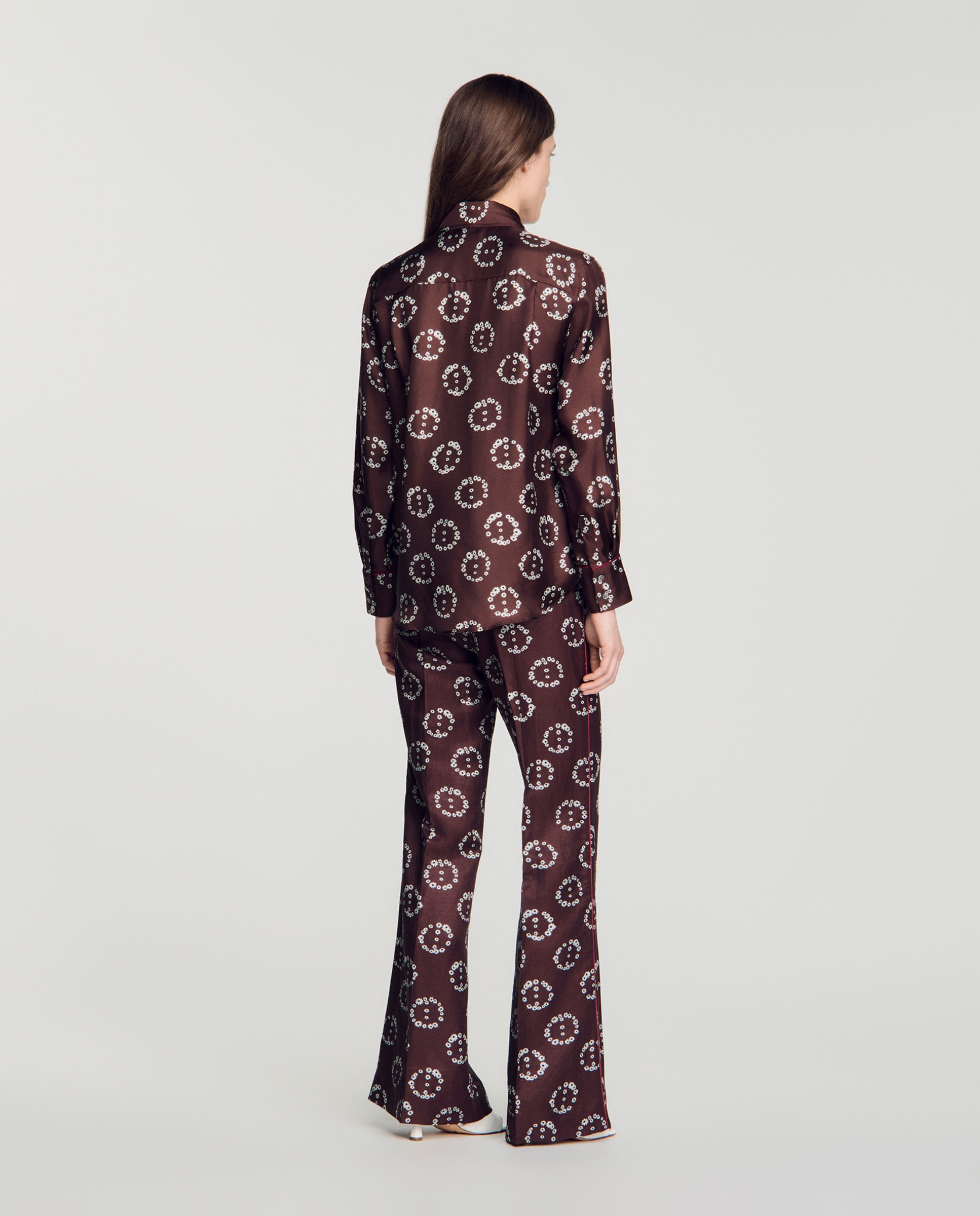 Camisa de mujer fluida 100% seda con estampado floral - Sandro - Marrón Marrón-2