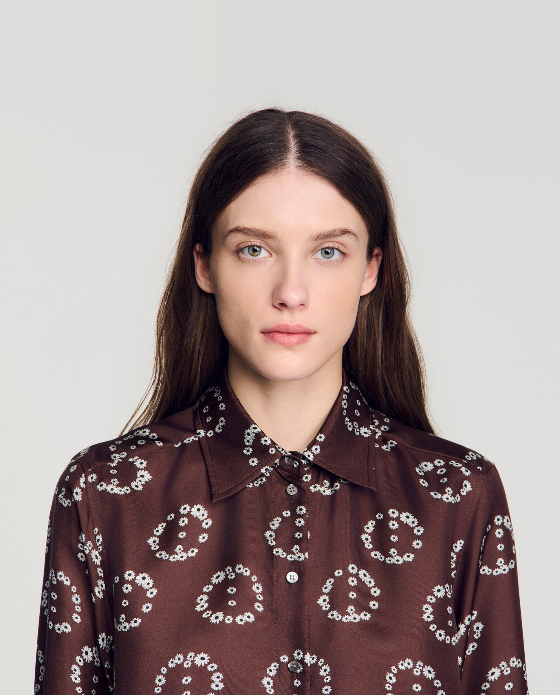 Camisa de mujer fluida 100% seda con estampado floral - Sandro - Marrón Marrón-3