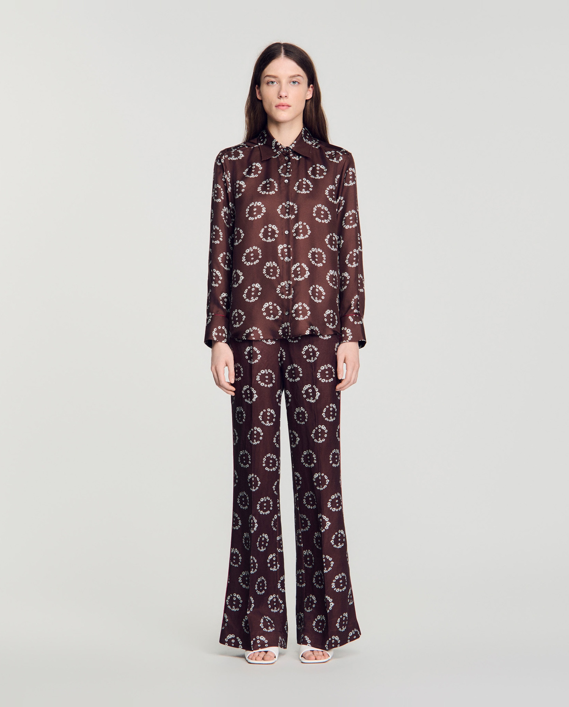 Camisa de mujer fluida 100% seda con estampado floral - Sandro - Marrón Marrón-4