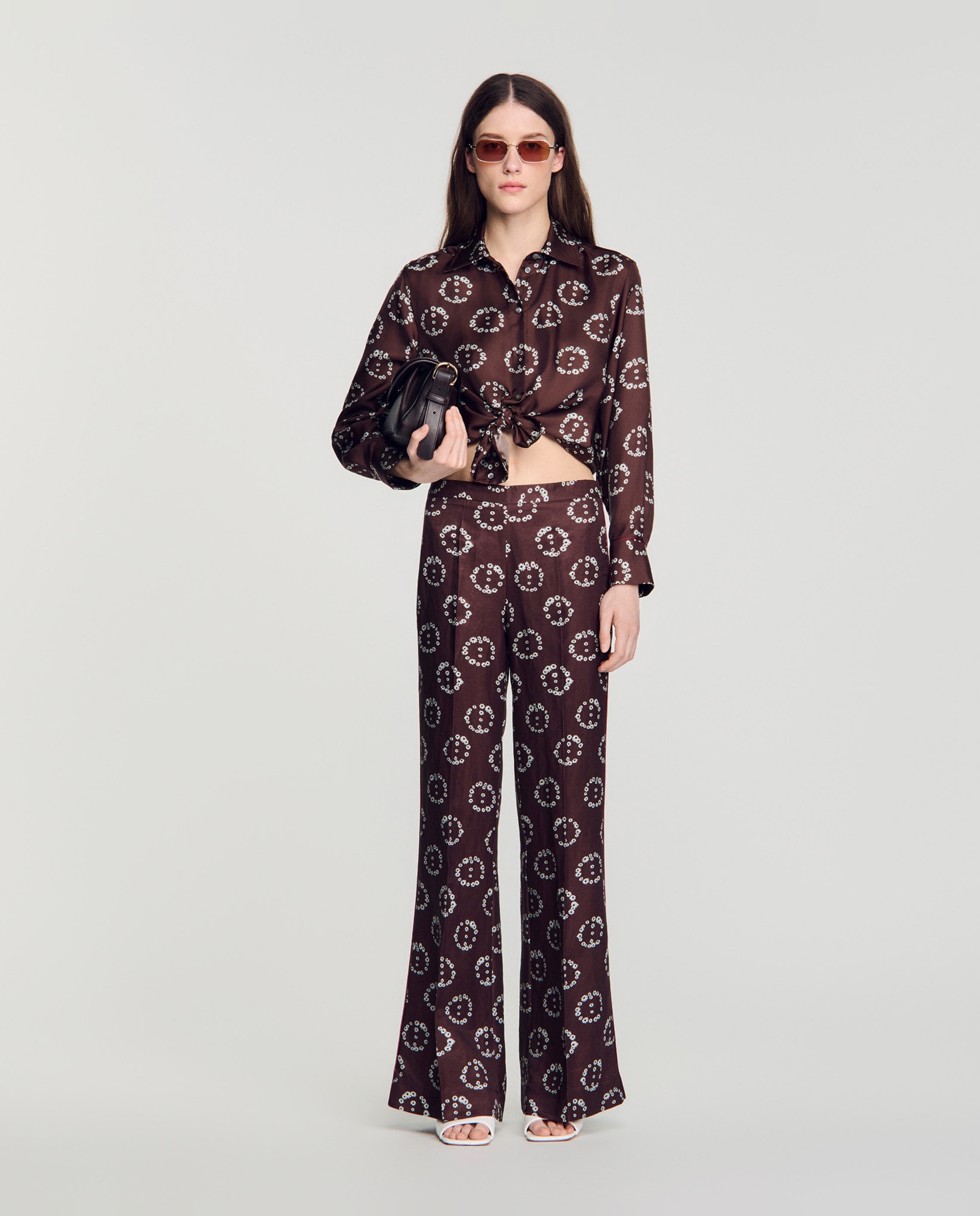 Camisa de mujer fluida 100% seda con estampado floral - Sandro - Marrón Marrón-5