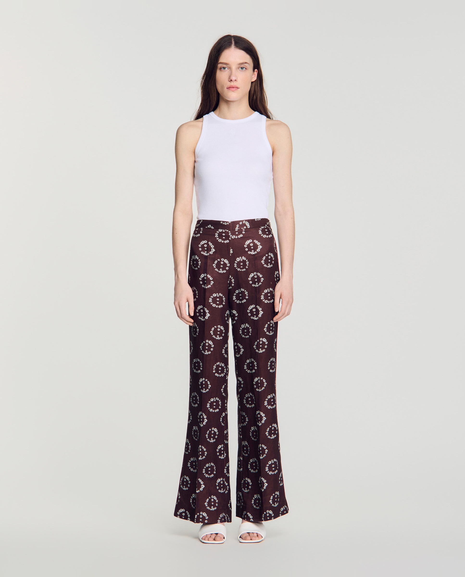Pantalones anchos de mujer fluidos con estampado floral y ribete en contraste - Sandro - Marrón Marrón-1
