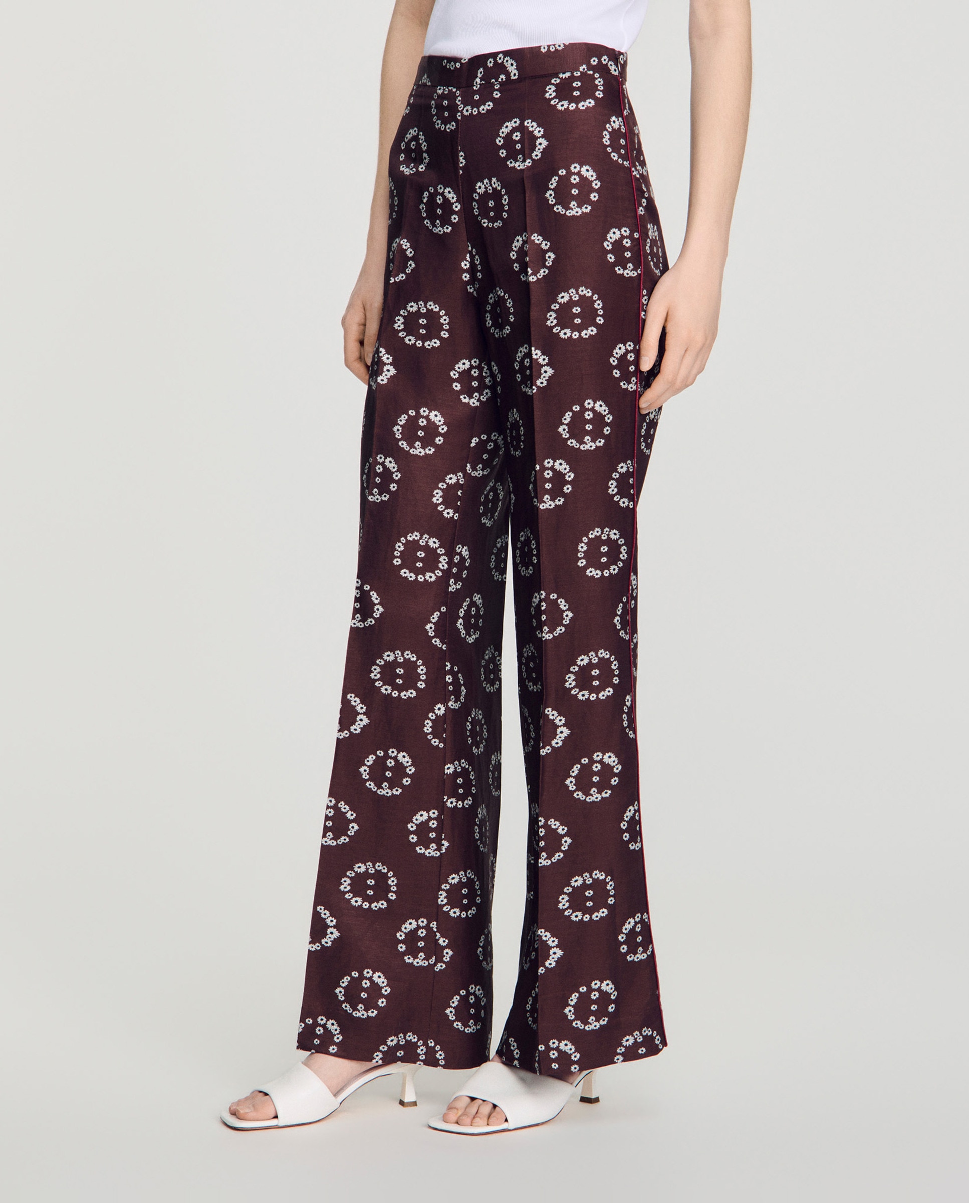Pantalones anchos de mujer fluidos con estampado floral y ribete en contraste - Sandro - Marrón Marrón-2