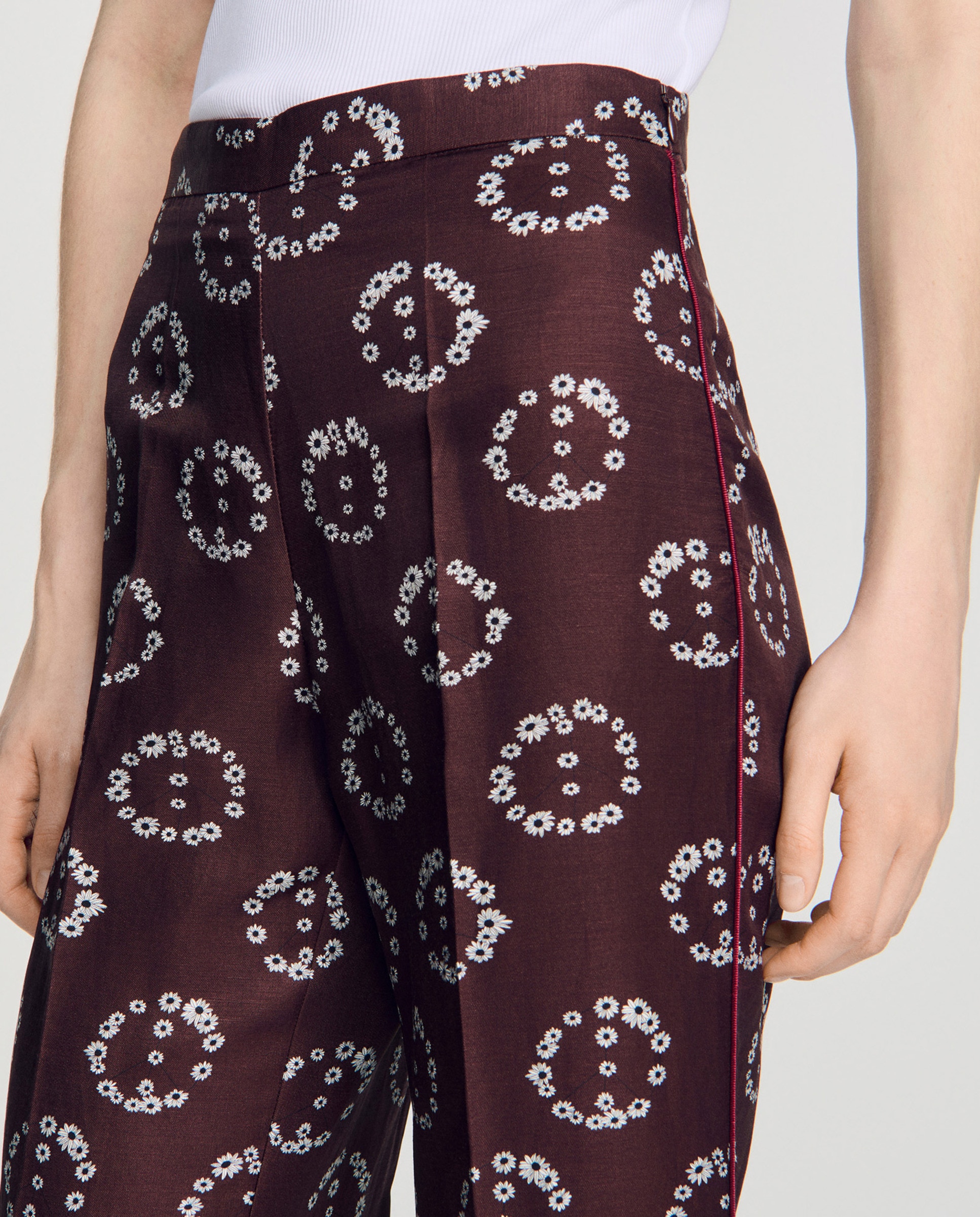 Pantalones anchos de mujer fluidos con estampado floral y ribete en contraste - Sandro - Marrón Marrón-4