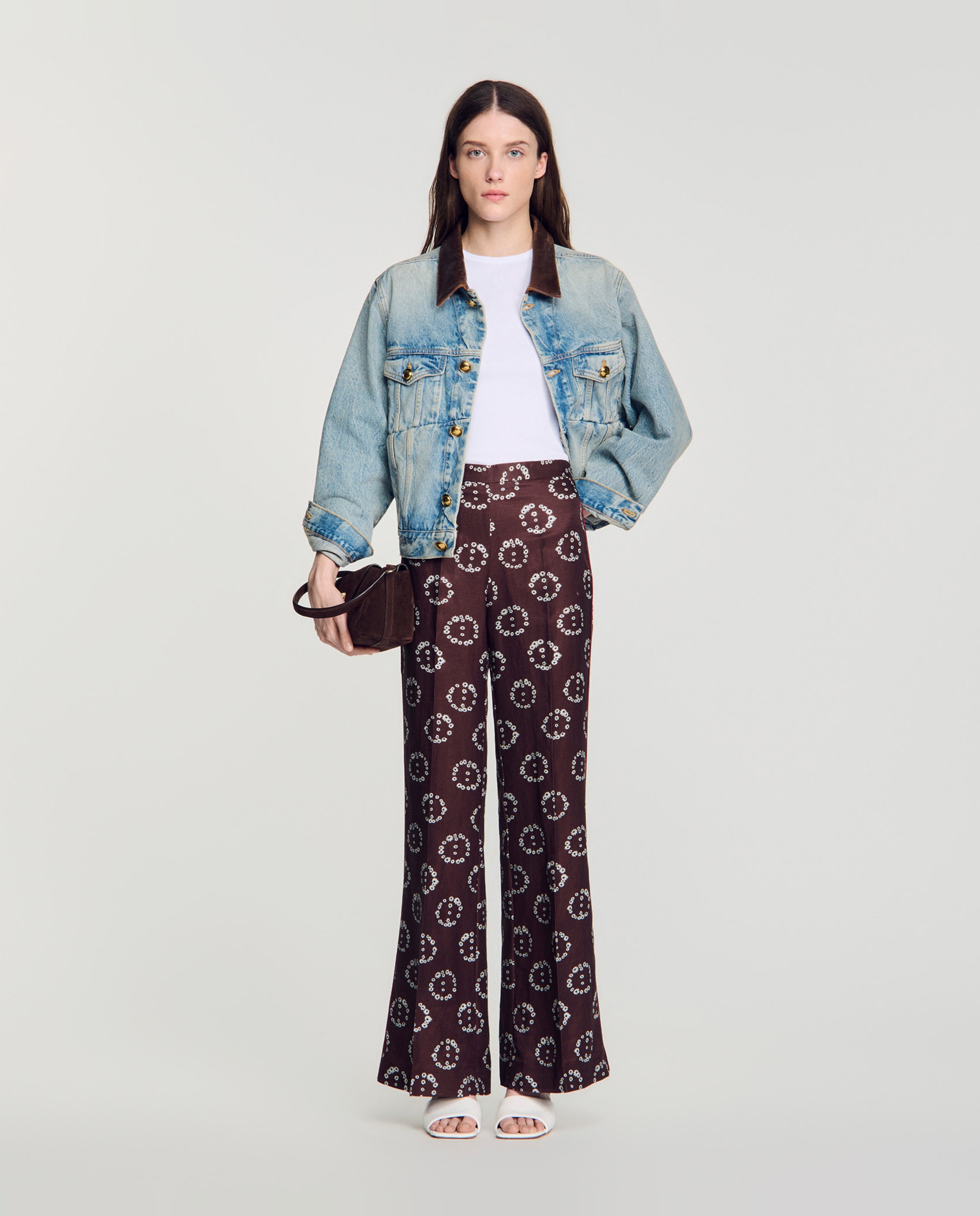Pantalones anchos de mujer fluidos con estampado floral y ribete en contraste - Sandro - Marrón Marrón-5