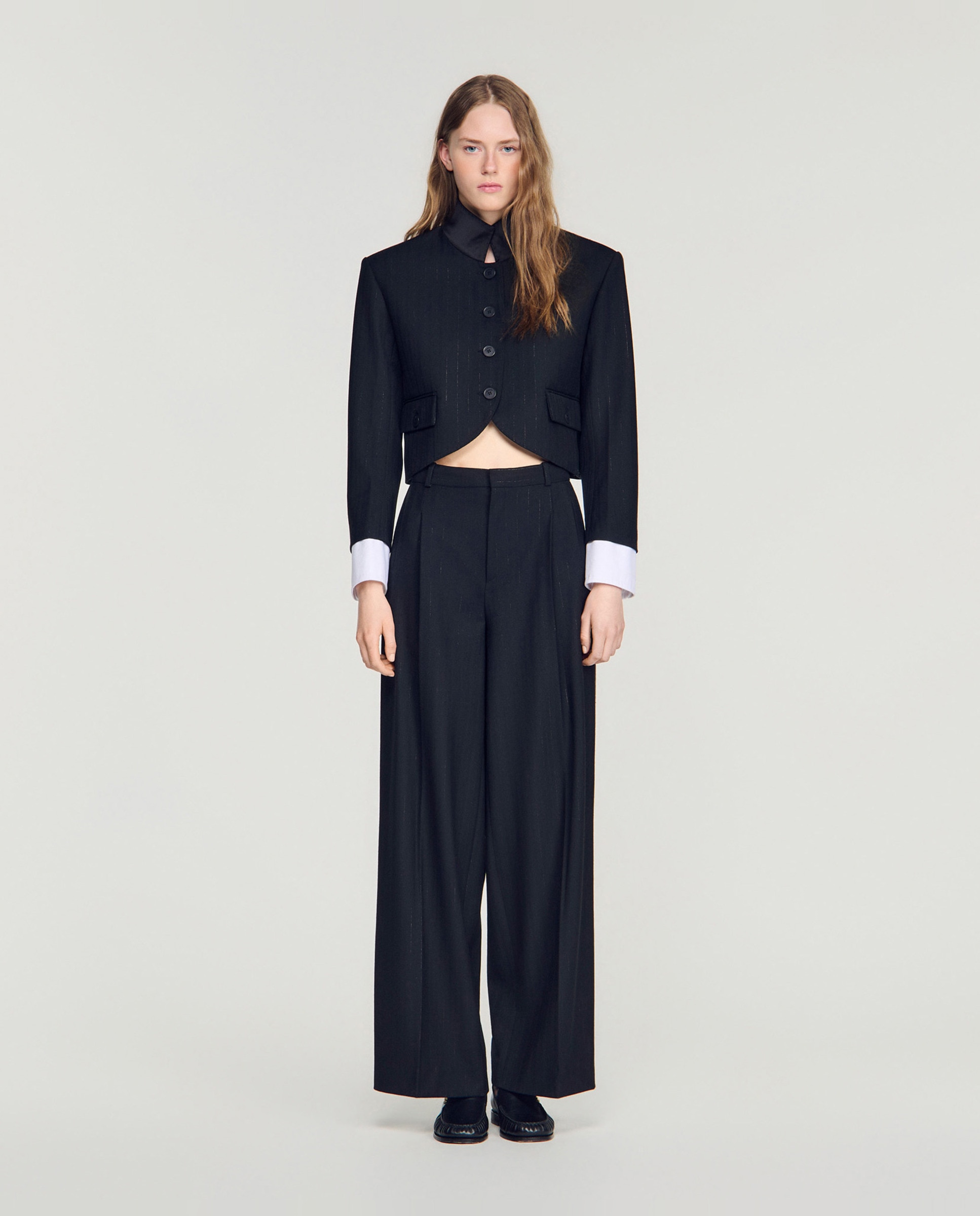 Chaqueta de mujer corta de rayas con cuello alto satinado - Sandro - Negro Negro-3