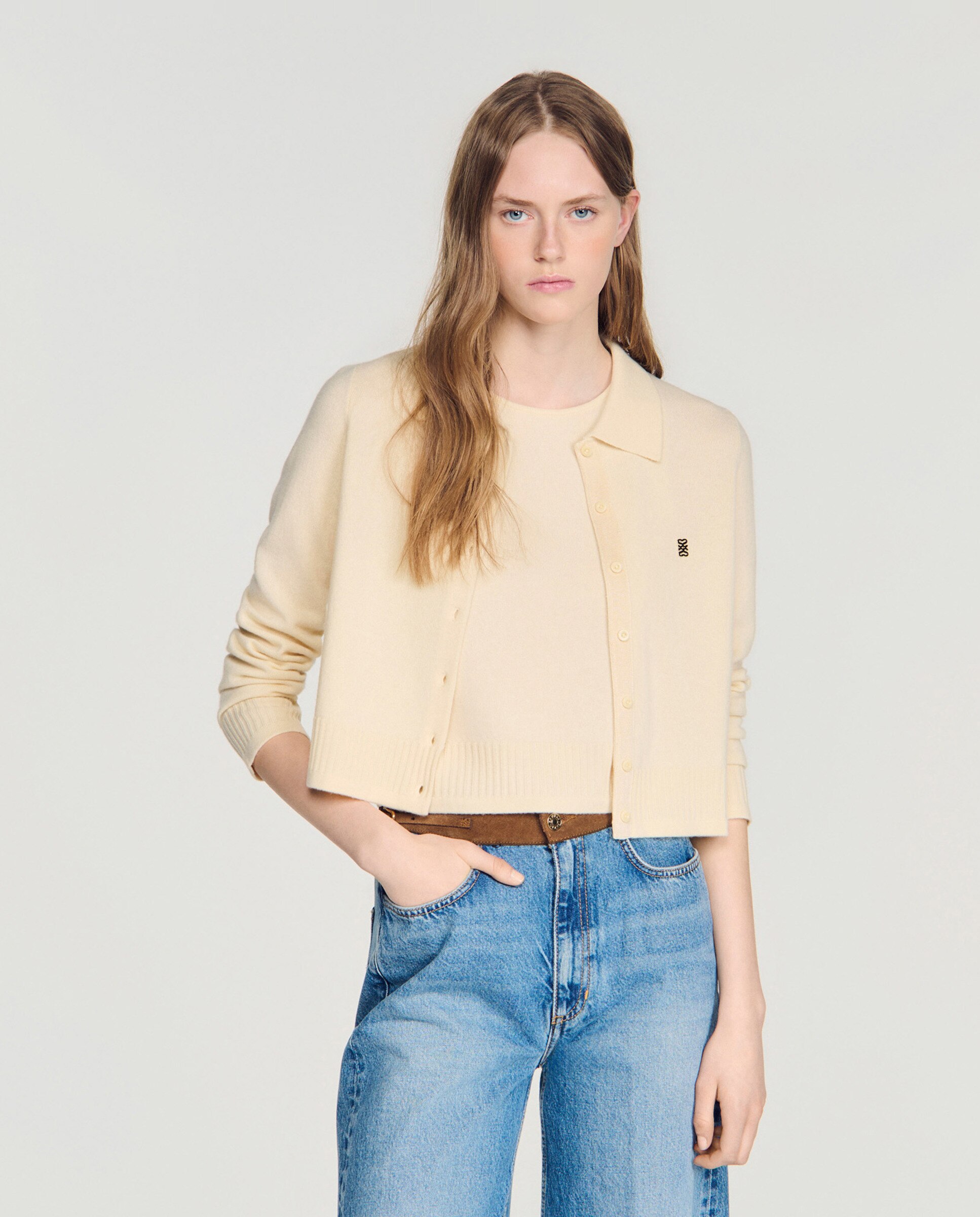 Cárdigan de punto fino de mujer con lana y cachemir y cuello de camisa - Sandro - Beige Beige-1
