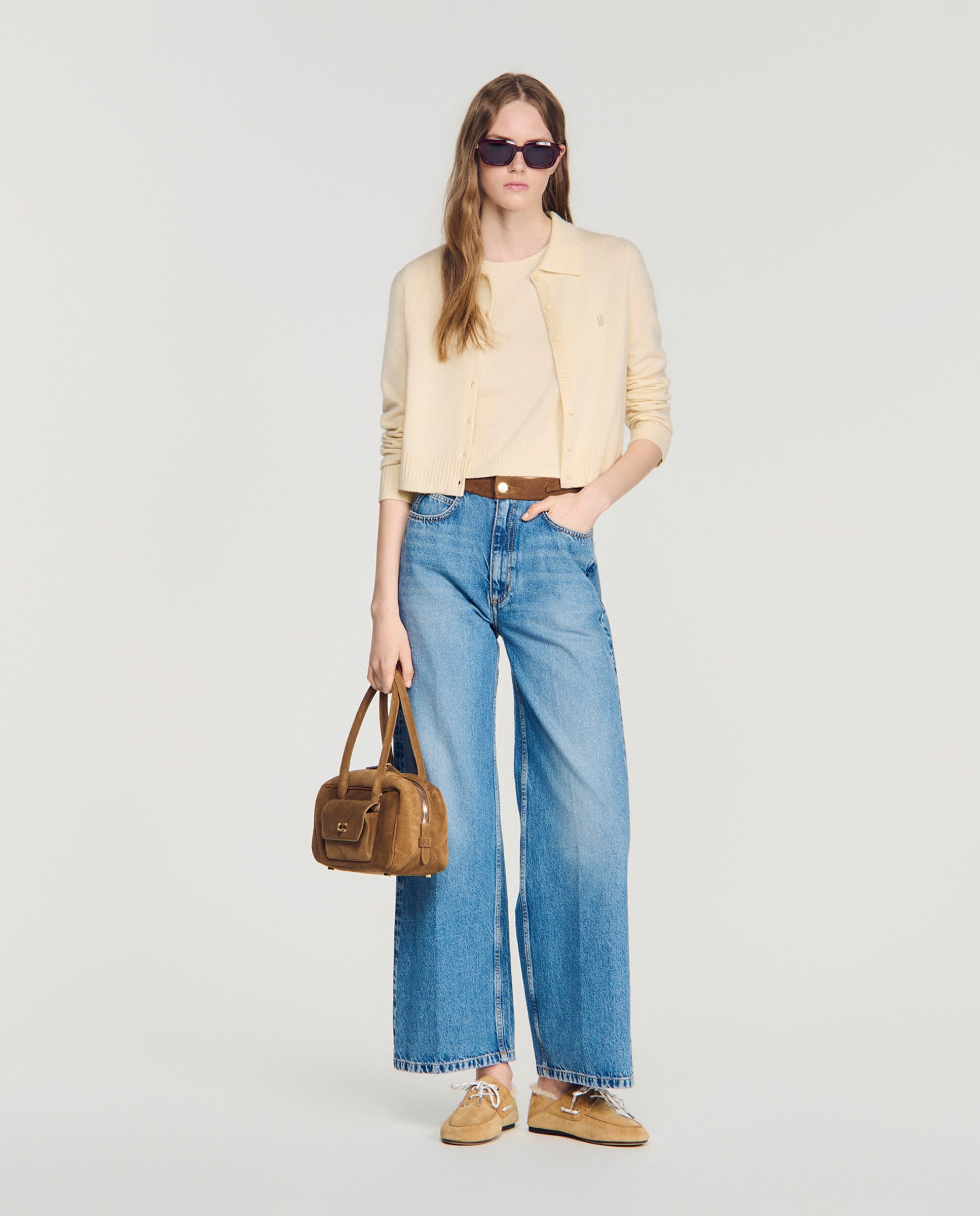 Cárdigan de punto fino de mujer con lana y cachemir y cuello de camisa - Sandro - Beige Beige-5