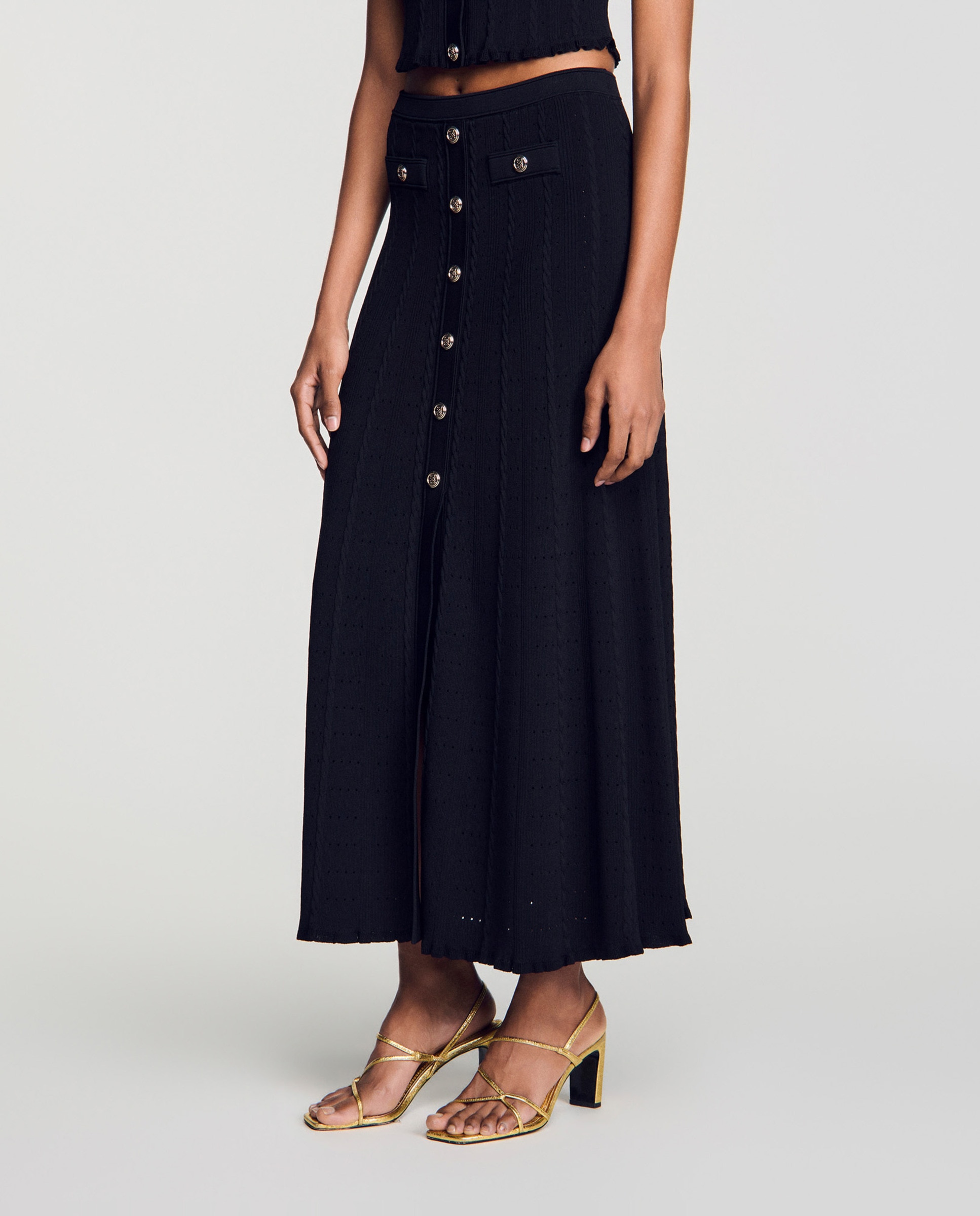 Falda midi pointelle con abertura y botones - Sandro - Negro Negro-2