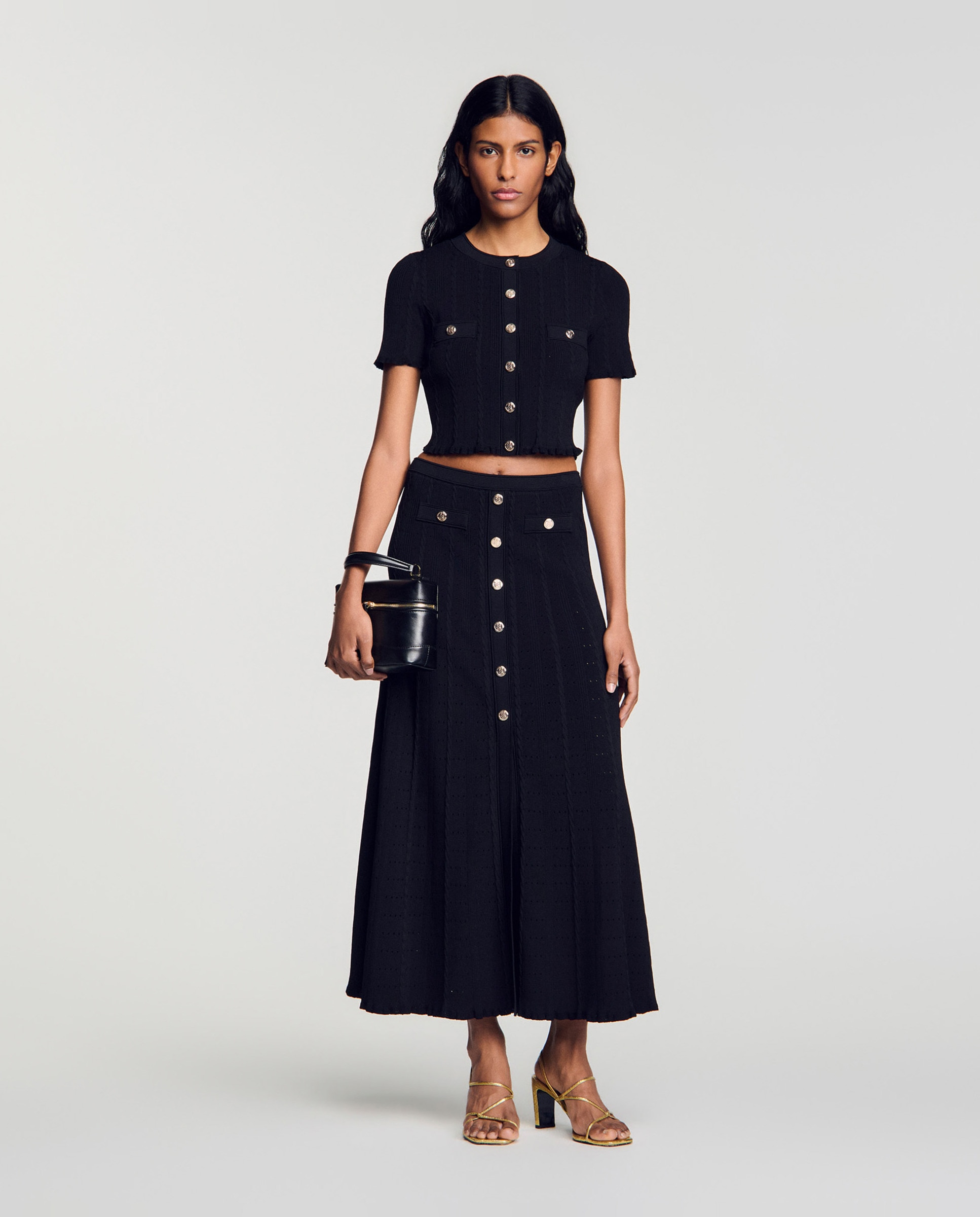 Falda midi pointelle con abertura y botones - Sandro - Negro Negro-4