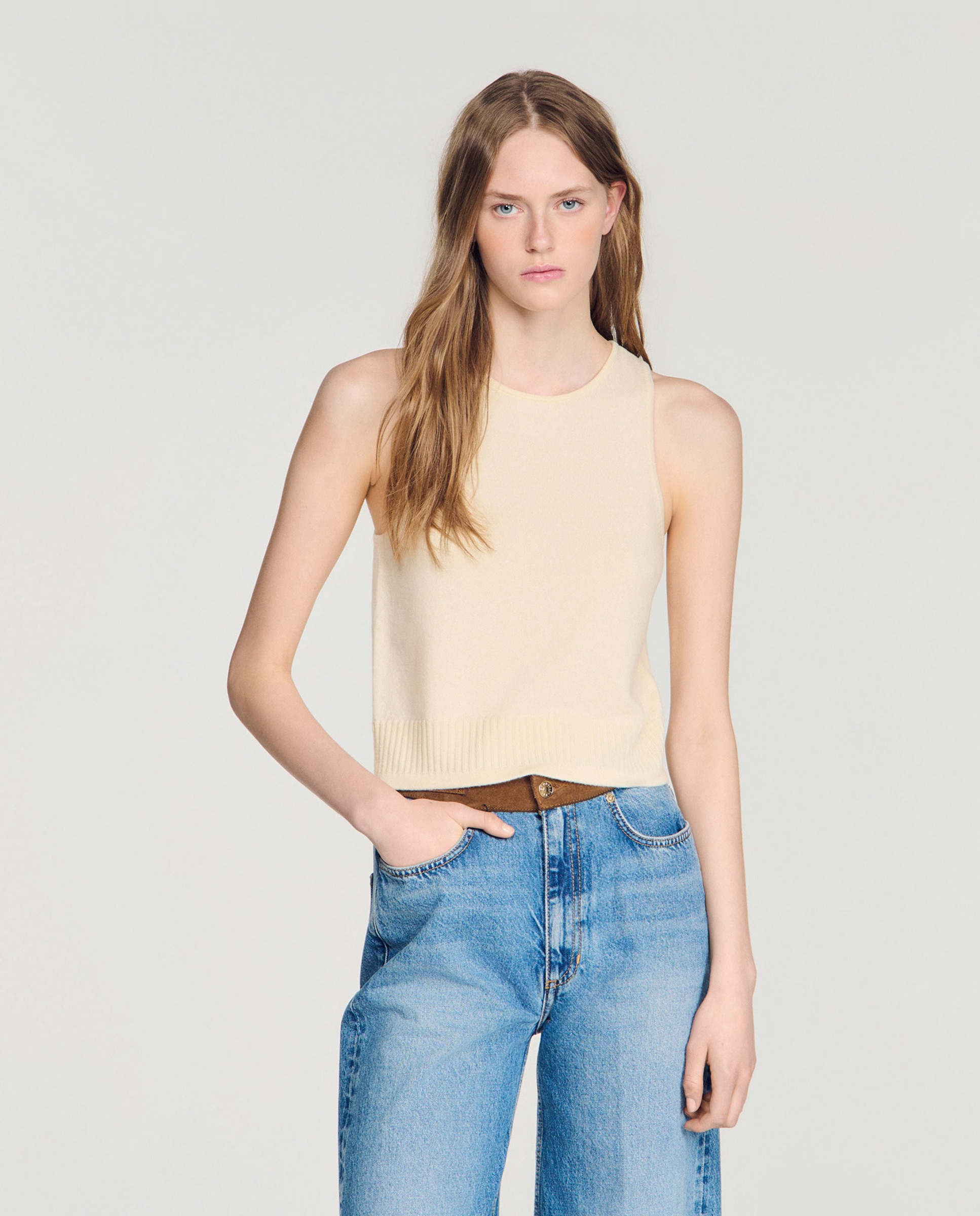 Jersey de punto de mujer sin mangas con lana y cachemir - Sandro - Beige Beige-1