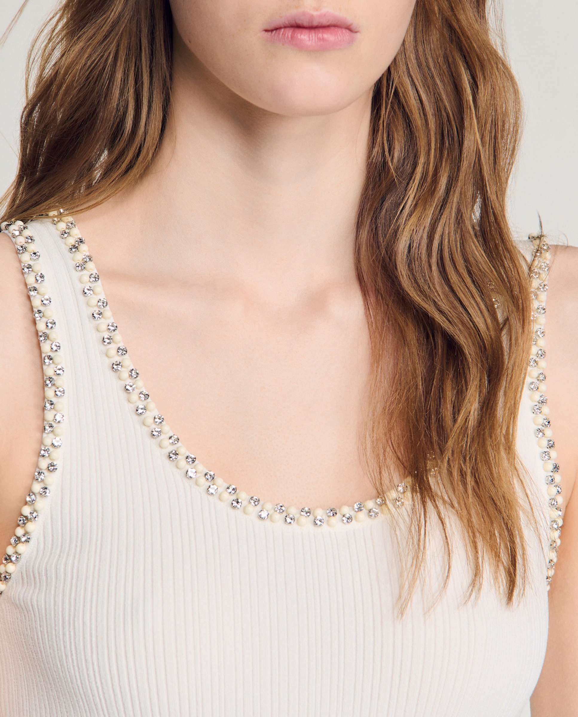 Vestido largo sin mangas de punto con strass y perlas - Sandro - Blanco Blanco-6