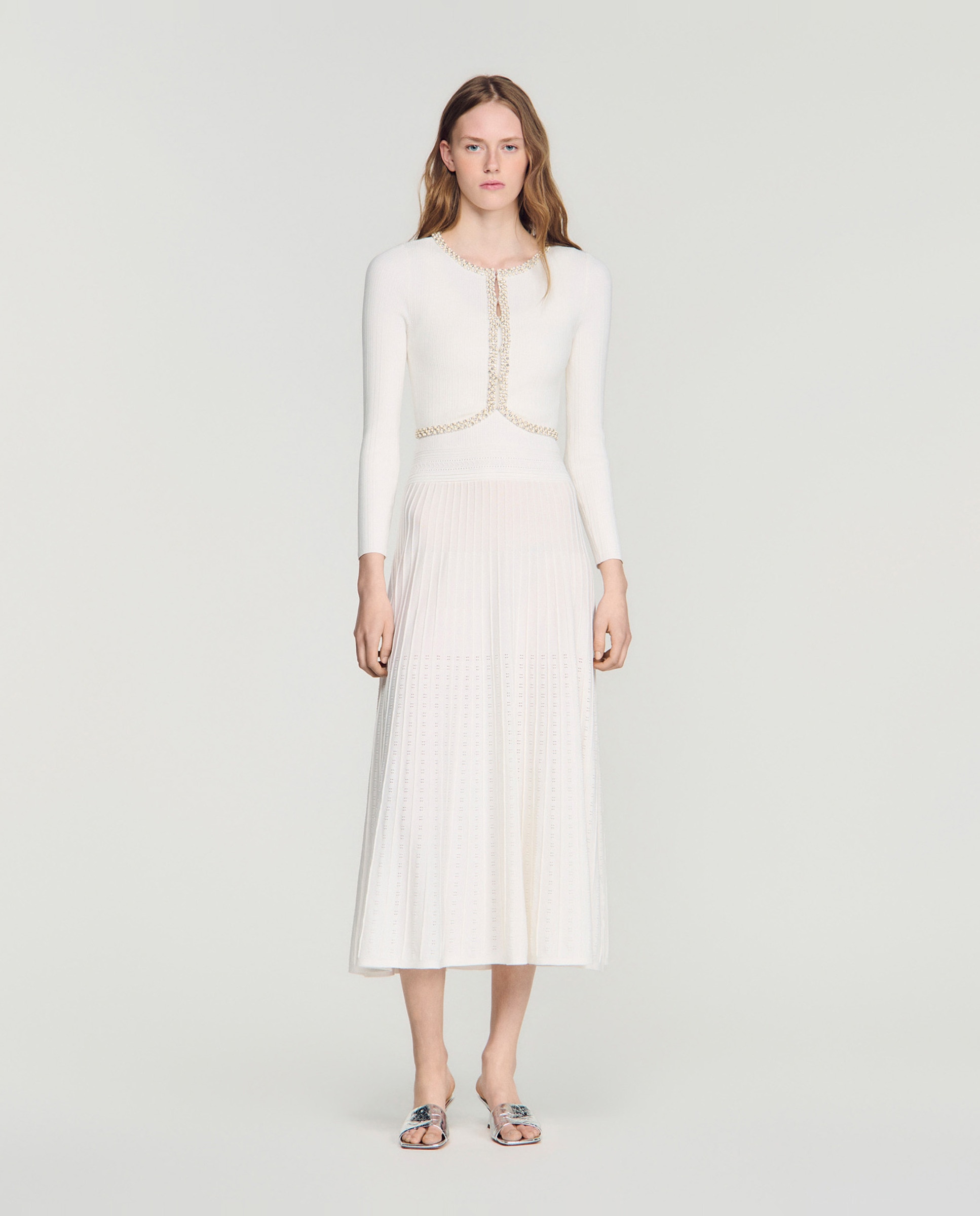 Cárdigan de punto de mujer corto acanalado con perlas y strass - Sandro - Blanco Blanco-3