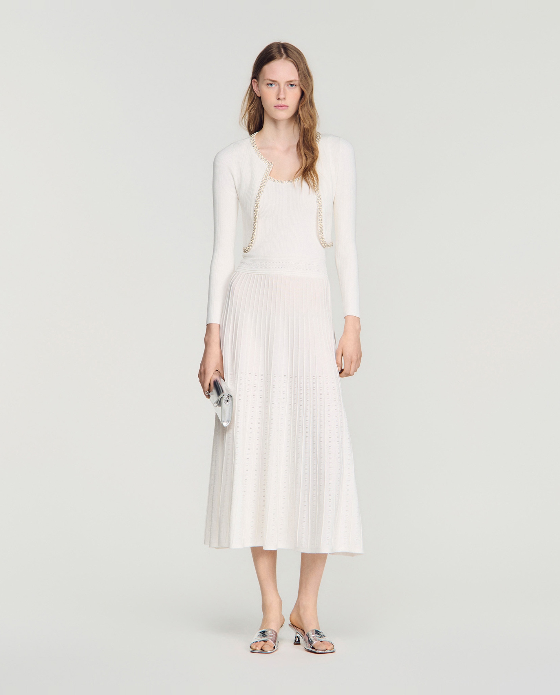 Cárdigan de punto de mujer corto acanalado con perlas y strass - Sandro - Blanco Blanco-4