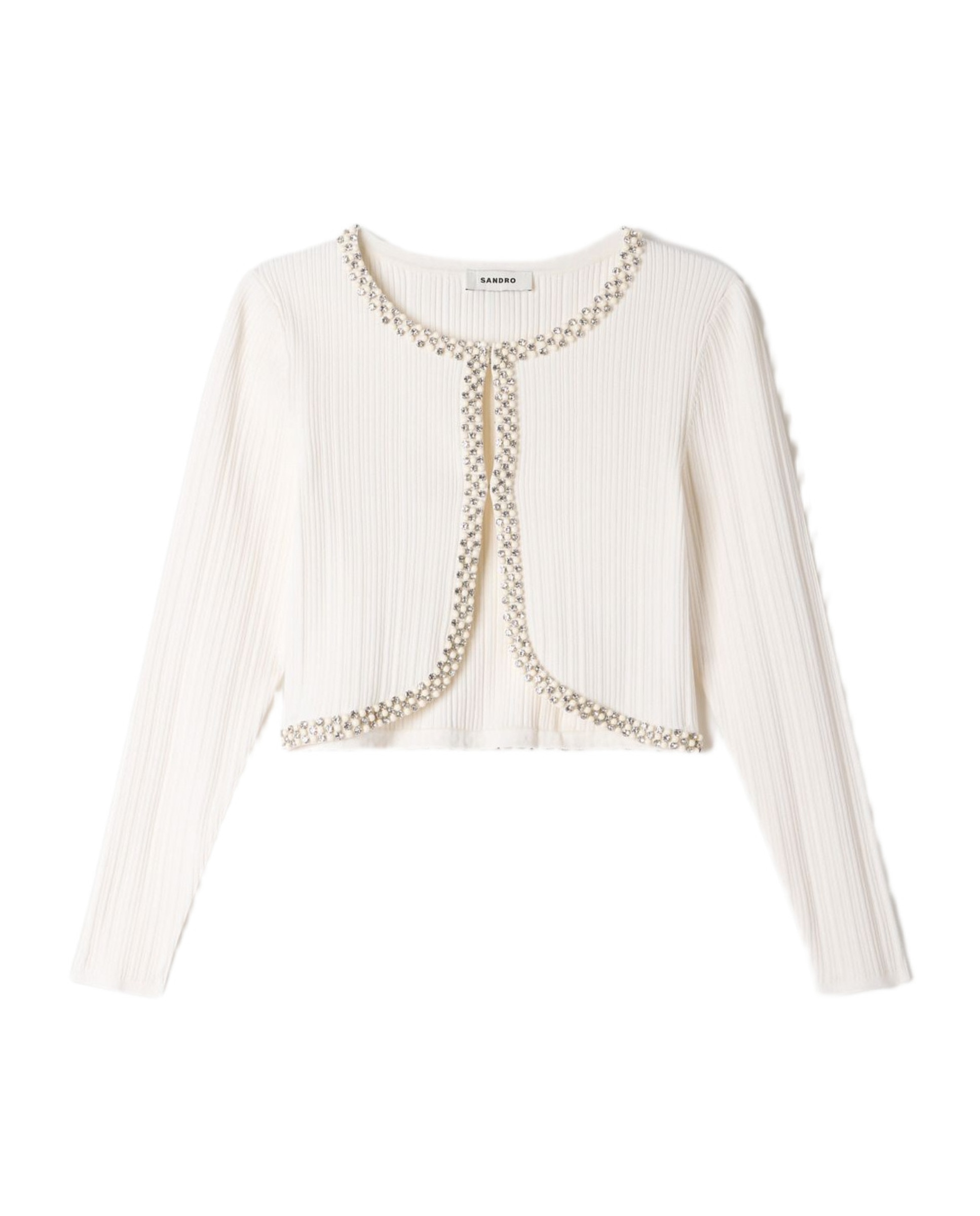 Cárdigan de punto de mujer corto acanalado con perlas y strass - Sandro - Blanco Blanco-5
