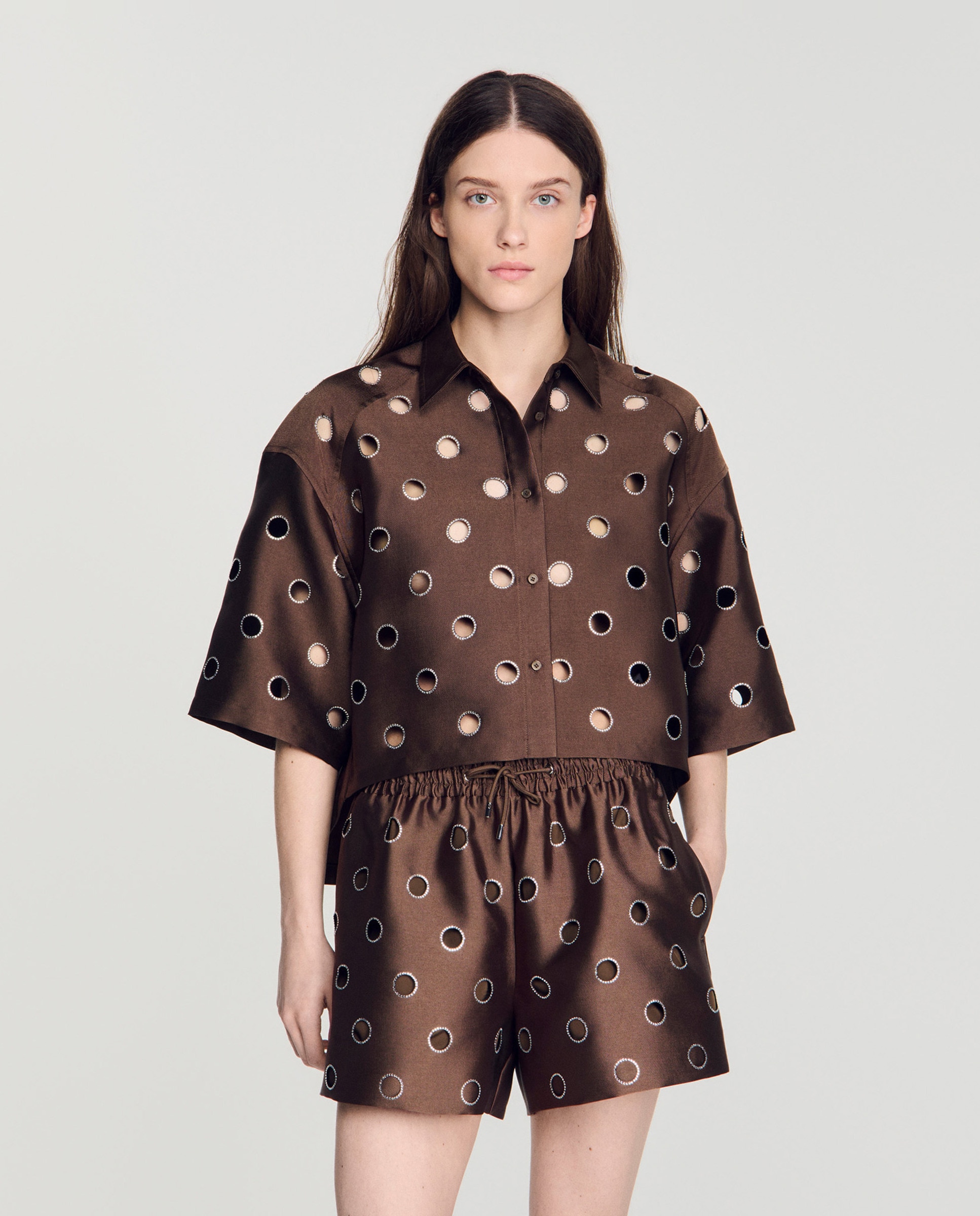 Camisa de mujer oversize con strass - Sandro - Marrón Marrón-1