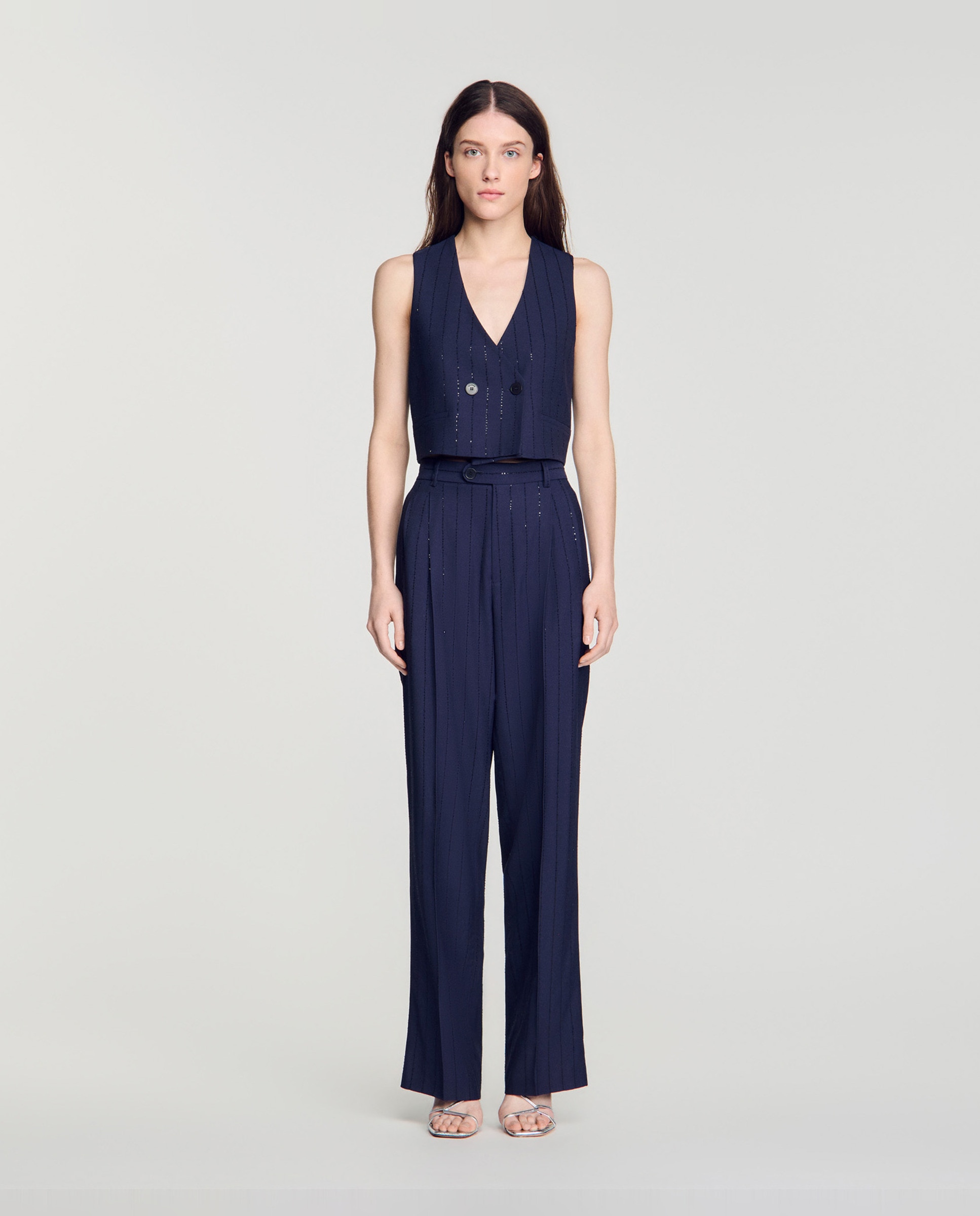Pantalones anchos de mujer con rayas verticales y lentejuelas - Sandro - Azul marino Azul marino-1