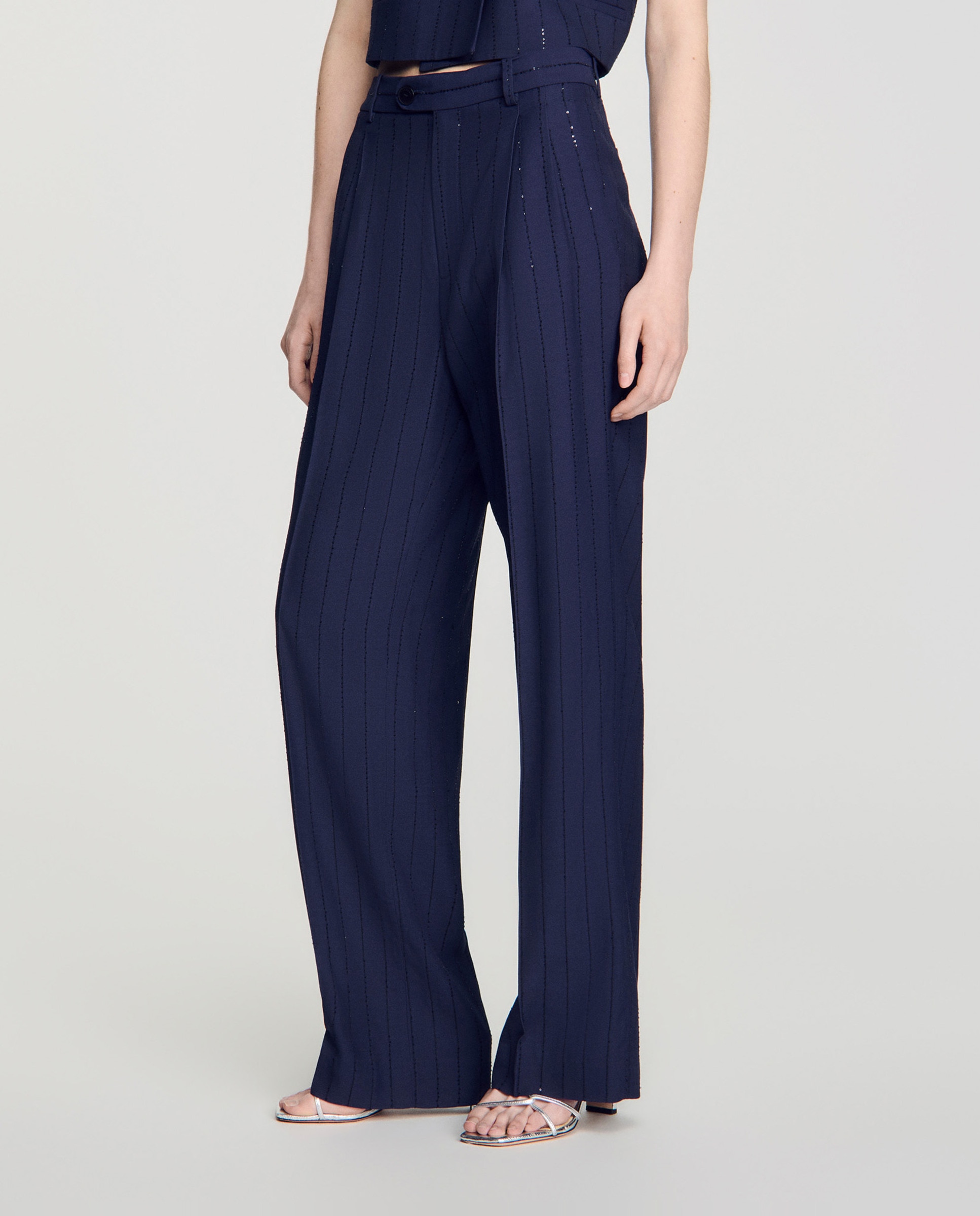 Pantalones anchos de mujer con rayas verticales y lentejuelas - Sandro - Azul marino Azul marino-2