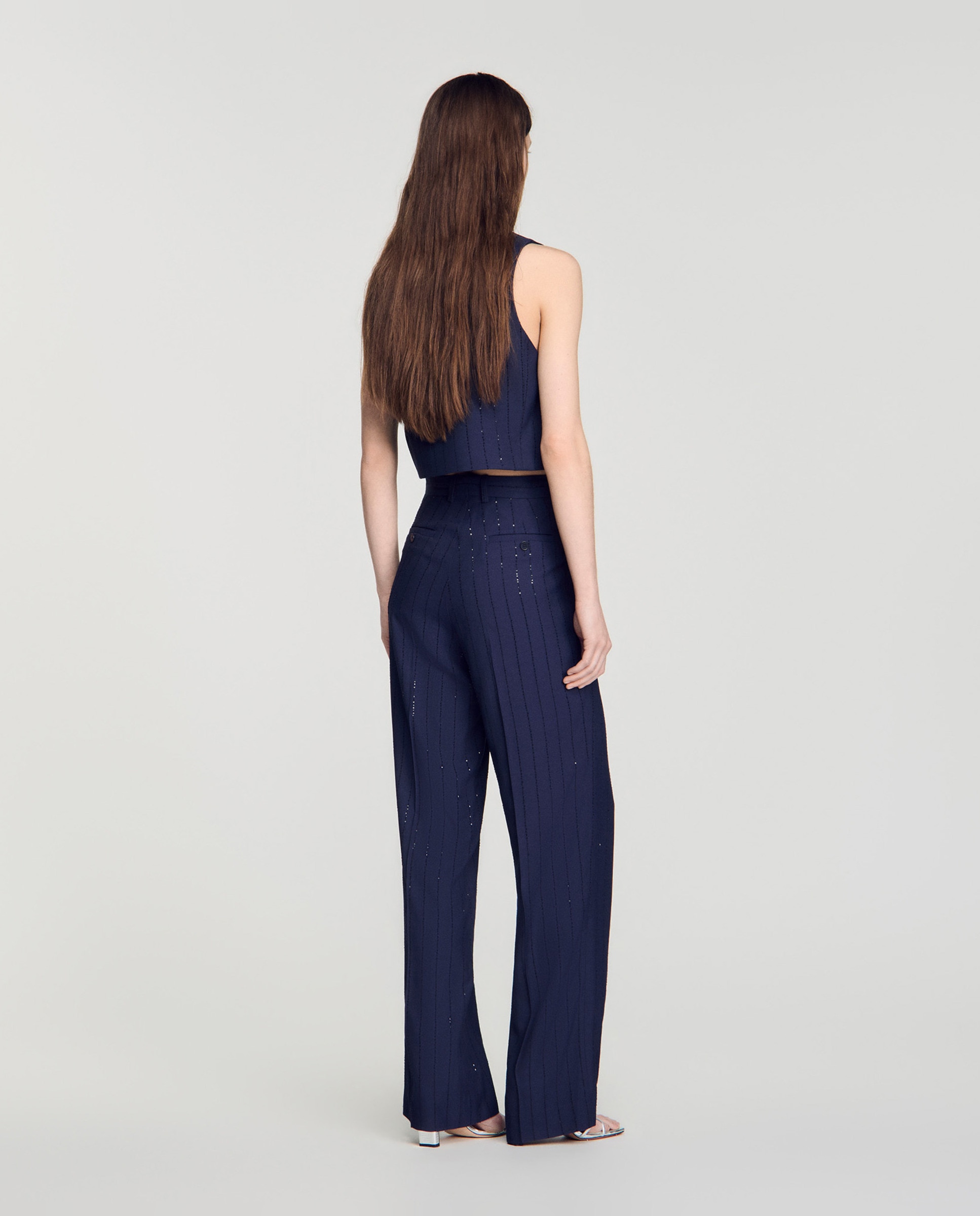 Pantalones anchos de mujer con rayas verticales y lentejuelas - Sandro - Azul marino Azul marino-3