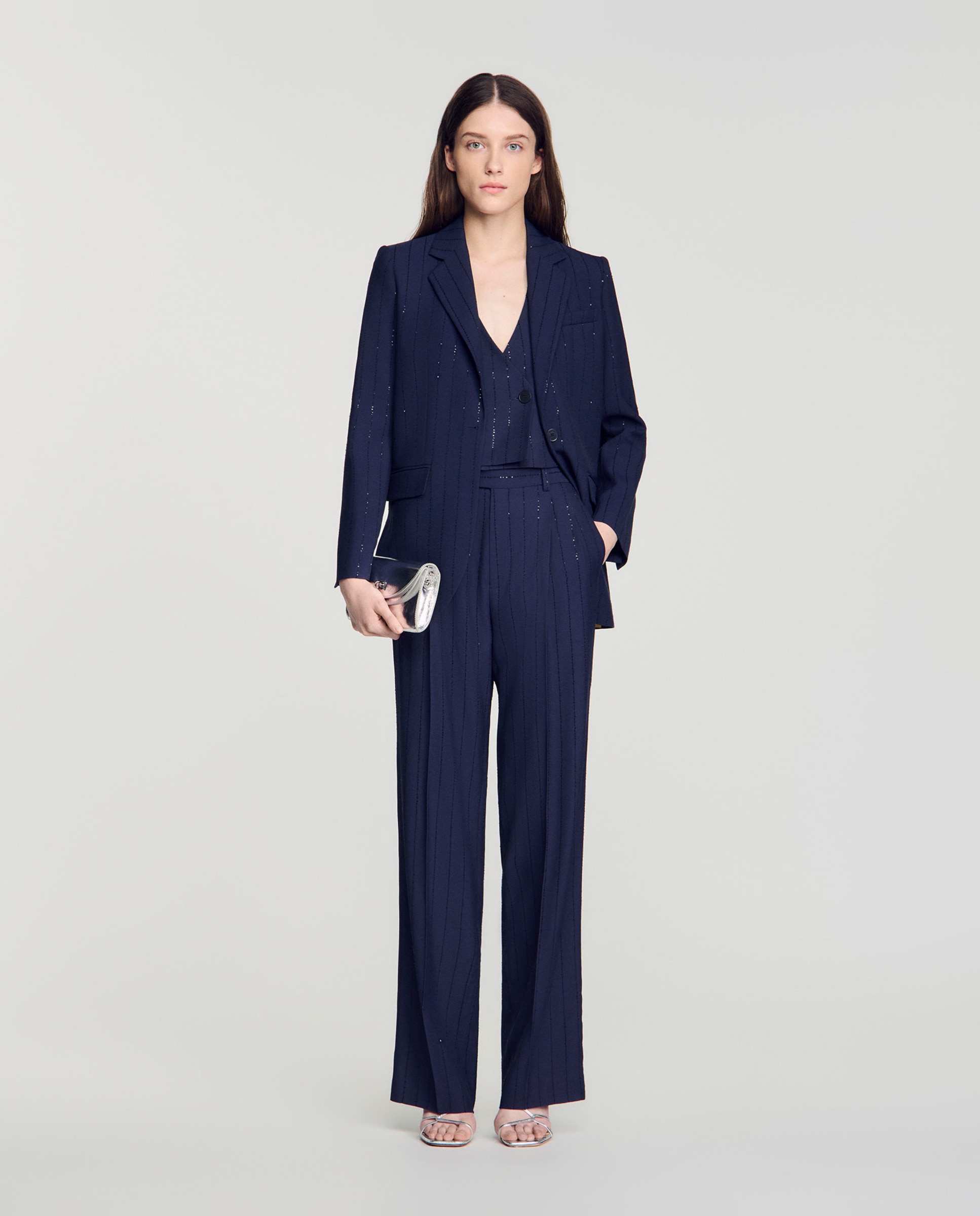 Pantalones anchos de mujer con rayas verticales y lentejuelas - Sandro - Azul marino Azul marino-5