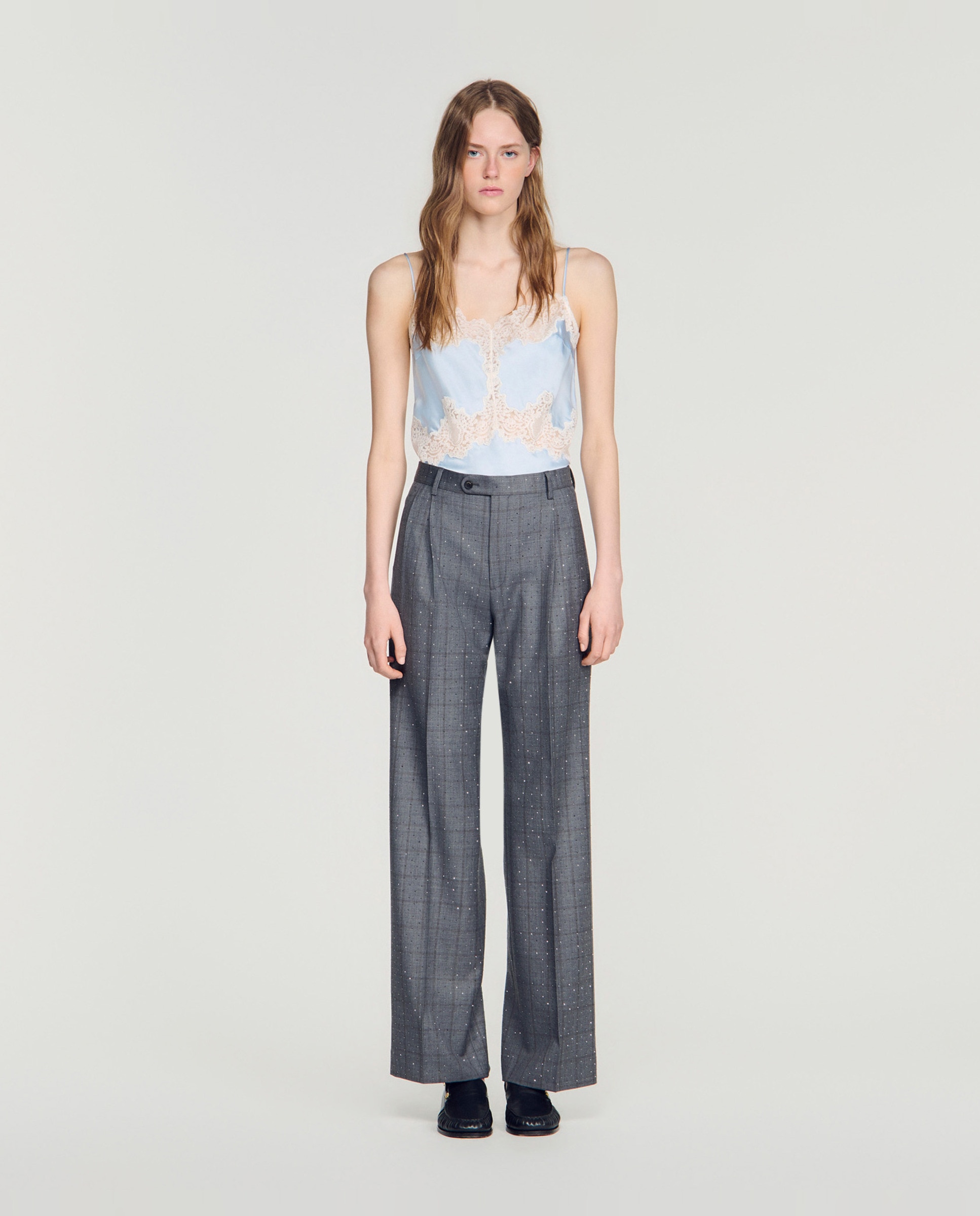Pantalones de vestir de mujer anchos de talle alto con cuadros y strass 100% lana - Sandro - Gris oscuro Gris oscuro-1