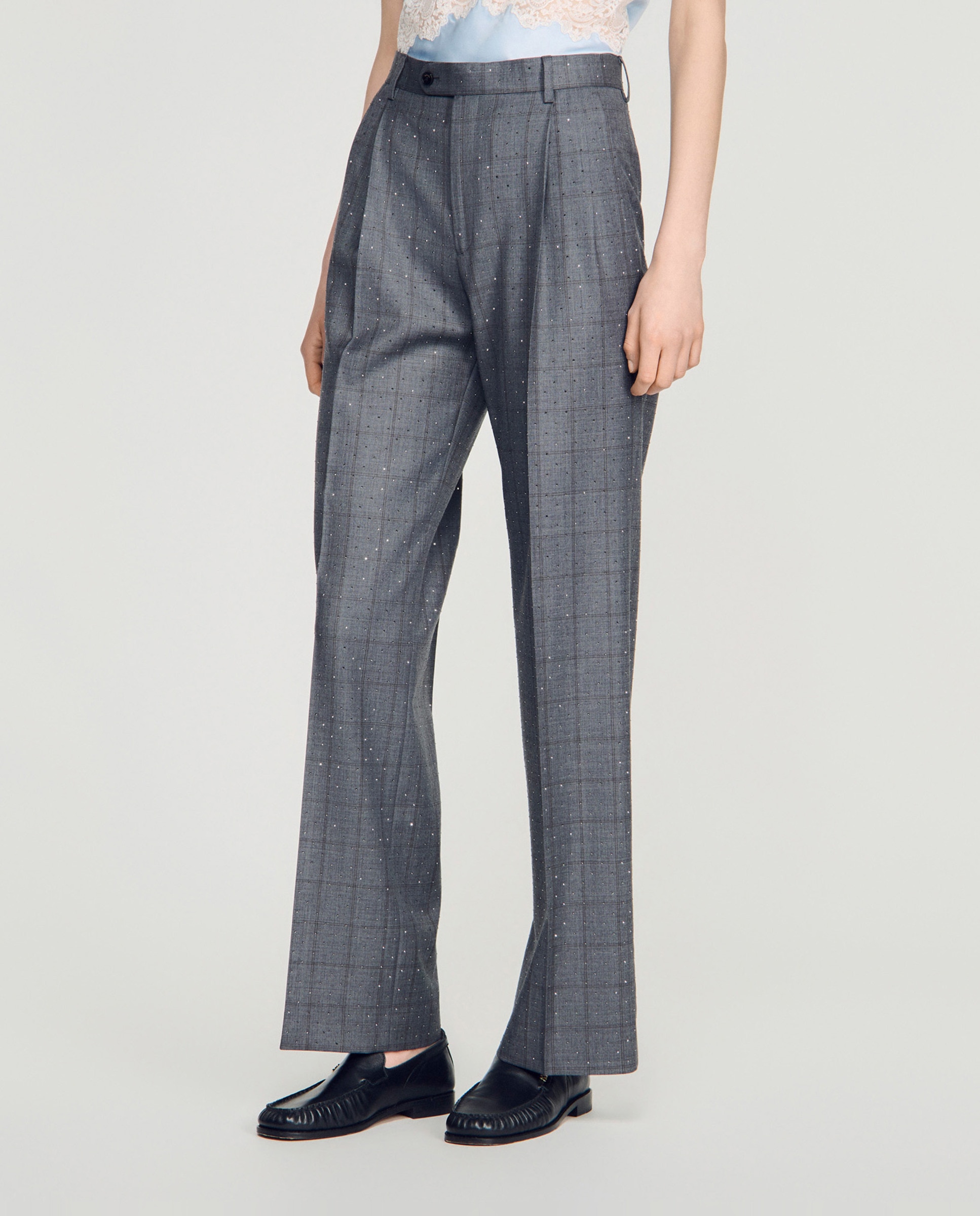 Pantalones de vestir de mujer anchos de talle alto con cuadros y strass 100% lana - Sandro - Gris oscuro Gris oscuro-2