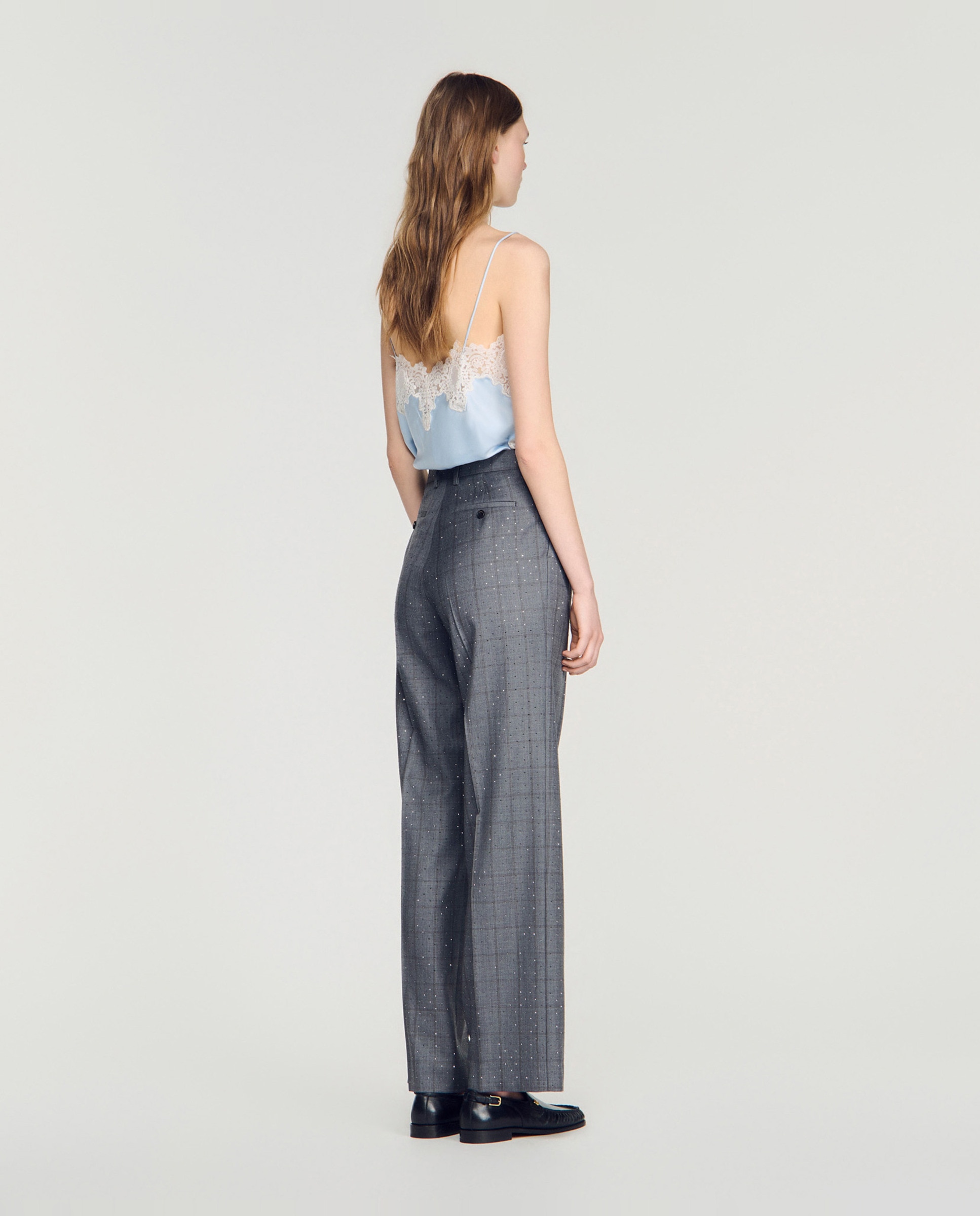 Pantalones de vestir de mujer anchos de talle alto con cuadros y strass 100% lana - Sandro - Gris oscuro Gris oscuro-3