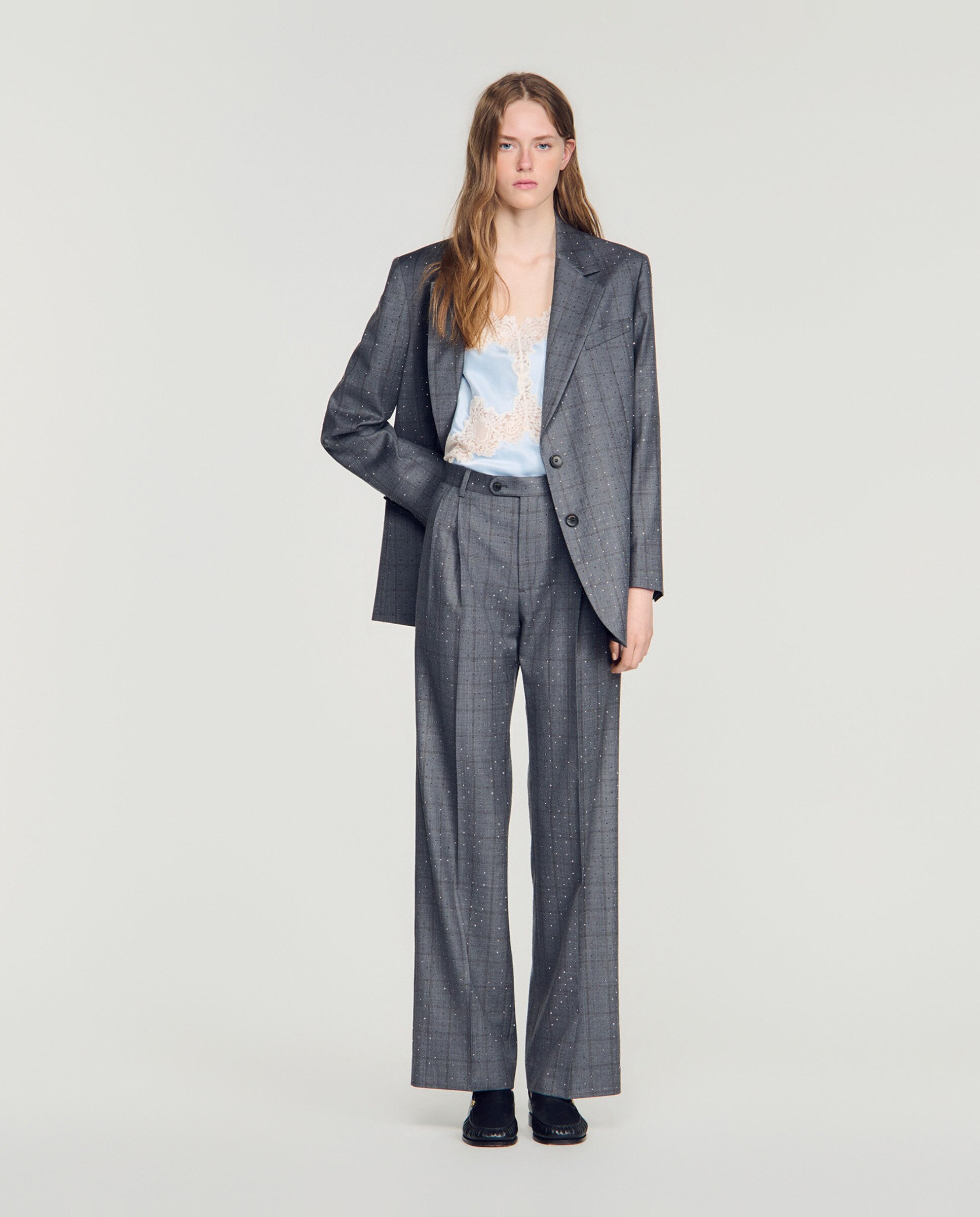 Pantalones de vestir de mujer anchos de talle alto con cuadros y strass 100% lana - Sandro - Gris oscuro Gris oscuro-4